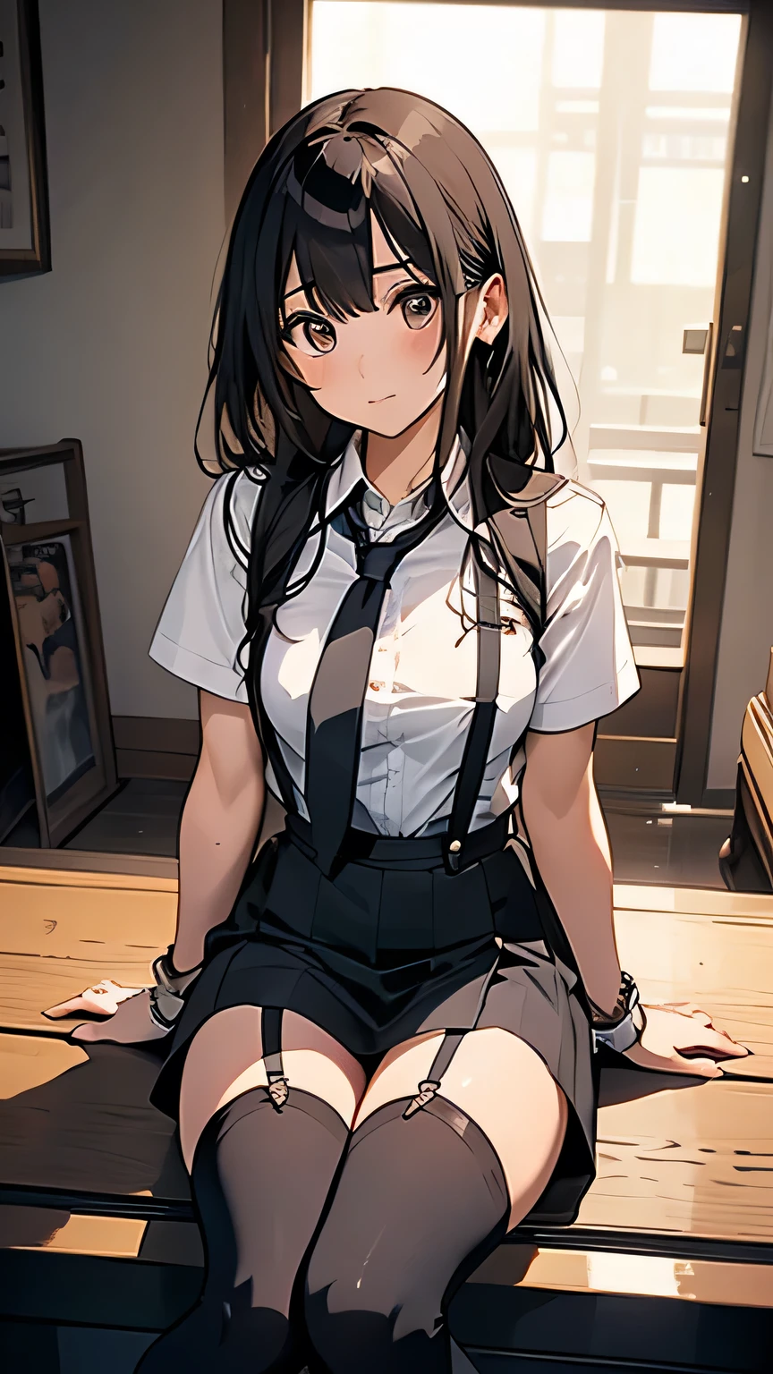 1 female, , high quality, masterpiece, Ultra-high resolution, , Cinema Lighting, , , And the suspenders with the cranes flying Moderate breasts Large Breasts Small face holster Lying in bed Looking up Sweat belt summer 脇Sweat Black Hole Gloves suit garterbelt Leg Links ズボンにbelt holster Hands behind your back Anxious expression Looking up Anxious face Knee-high Knee socks Knee-highソックス garterbelt garter ふとももにgarterbelt Checkered red mini skirt Necktie Headband ribbon