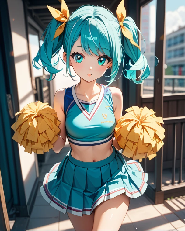 Beautiful woman dressed as a cheerleader、Blue hair ponytail、White cheergirl clothes、Yellow secondary color、don&#39;t wear pants、Wide legged pose、White long sleeve undershirt