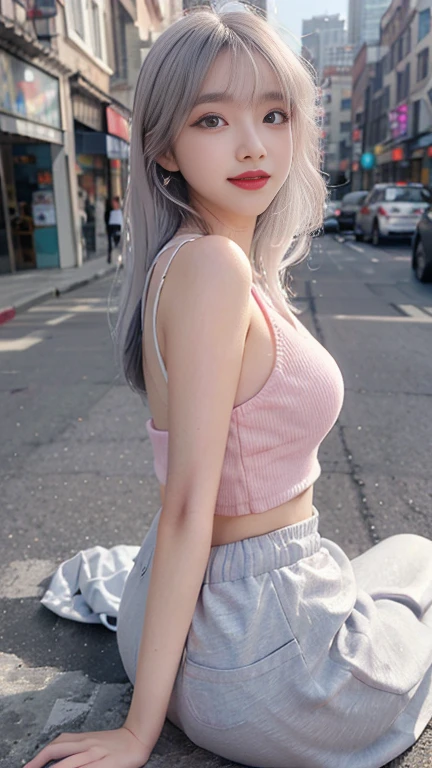 upper body, 1girl, solo, mature female, adult female, looking at viewer, (medium breasts|large breasts:1.0), navel, midriff, cleavage, (multicolored hair, gradient hair, two-tone hair, silver hair, pink hair, blue hair:1.2), long hair, straight hair, blunt bangs, french braid, multicolored eyes, eyeshadow blush, eyeliner, choker, multiple necklaces, wristband, thigh strap, earrings, smile, cheeky, cute, bare legs, (white camisole:1.2), (sportswear:1.2), (pleated skirt:1.1), sandals, mini skirt, street background, scenery