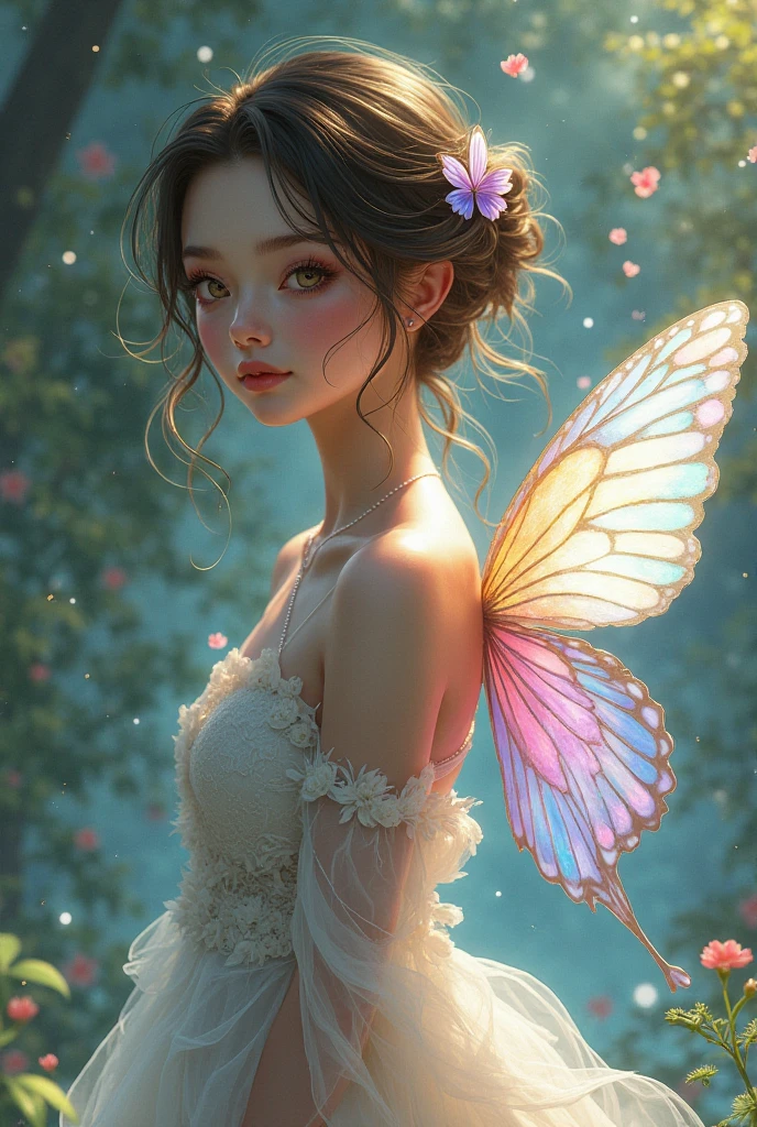 1 moon,Beautiful transparent flower fairy baby, detailed face, detailed eyes, detailed hands, Transparent colorful wings, The wand flutters in the wind、The wand flashed with starlight,Golden wand,Beautiful blue sky and white clouds、Girls have transparent wings、kindly smile、Beautiful garden background、Gentle and transparent,anatomy correct, Delicate pattern,Pink rose space, Soft lighting, ( Bokeh),Masterpiece, Super detailed, Epic composition, Highest quality, 8K,Epic romantic fantasy digital art,Epic fairy tale fantasy digital art,Mythological fantasy,UHD resolution,Detailed detail drawing,realisticlying,Very realistic,cinmatic lighting,an award winning photograph,rich colours,hyper realistic lifelike texture,dramatic lighting