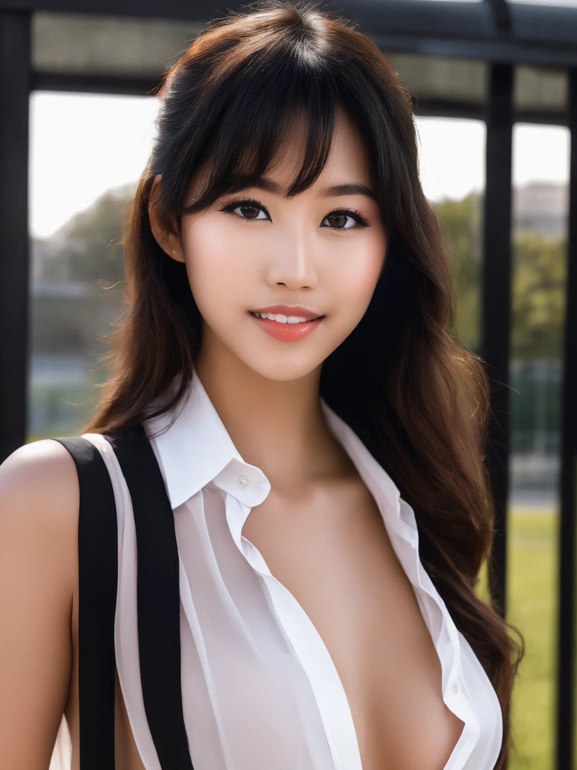 instagram photo, closeup face photo of 23 y.o Chloe in kebaya, cleavage, pale skin, (smile:0.4), hard shadows, white shirt