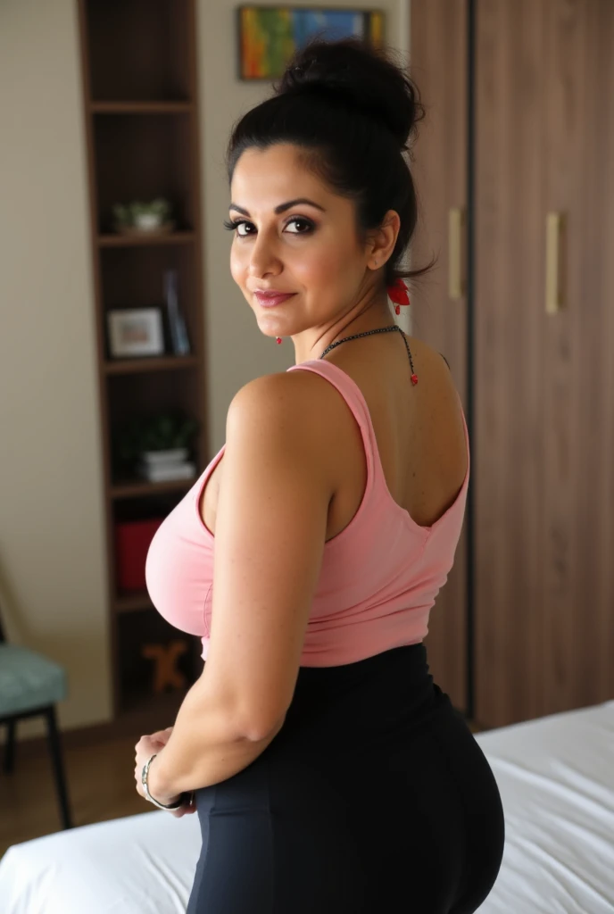 femme, 39ans, Algerian, jean taille basse, t-shirt décolleté, On all fours, Viewed from the side, sourire, gros seins ronds