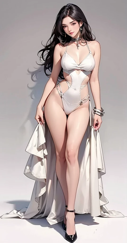 Masters of Animation, A perfect masterpiece, On a snow-white background、Cool outfits, Sexy and modern clothing、Sexy mature modern woman standing, Flowing purple hair, Spanish Curly Hair, Full Body Stand Posture, Thin legs, ((Large Breasts)), Detailed facial details, Natural and beautiful standing posture, Crisp and realistic body detail,(NSFW:0.9)