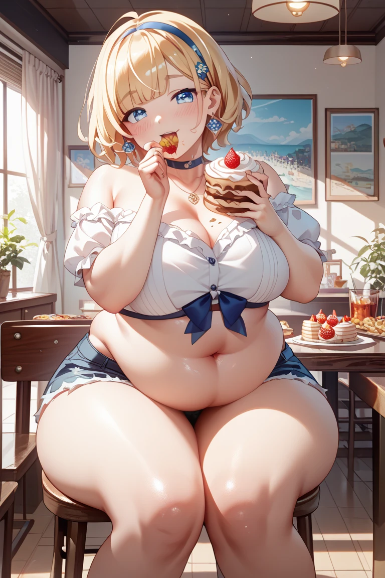 medieval girl with blonde hair, realize she weight gain, chubby belly, royal taster kitchen clothes, cooking food