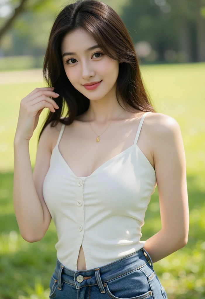 ((((top-quality))))、(((Ultra Precision CG16K Wallpapers)))、(((​masterpiece)))、(((ultra-detailliert)))、(((Ultra-extreme details)))、１Man Woman、Neat and clean woman、a 25yo woman、((Japanese face))、((extremely beautiful face))、((tanaka minami:1.5))、((Straight semi-long hair:1.3))、(shinny hair)、Bangs up to the eyebrows、Beautiful brown hair、Beautiful delicate eyes、Brown eyes、raised eyebrows、lofty nose、small nostrils、small mouth、seductive lips、slightly open mouth、Beautiful breasts、C-cup size breasts、cleavage of the breast、Plump body、perfectly proportions、perfect anatomia、perfect-composition、beautiful detailed shading、Beautiful natural lighting、Beautiful detail glow、depth of fields、(((a high chroma)))、(((realisitic:1.9)))、((Vivid:1.4))、((Beautiful skin))、((Skin texture))、((Realistic skin feeling))、(((Head-to-thigh shot:1.5)))、((Frontal angle:1.5))、((a smile:1.4))、(Eyes looking at me)、Bright sunshine、(((stand in front of the pond:1.5)))、(standing pose)、(((mint green color lace tank top clothing:1.3)))、(((Wearing white shorts:1.5)))、