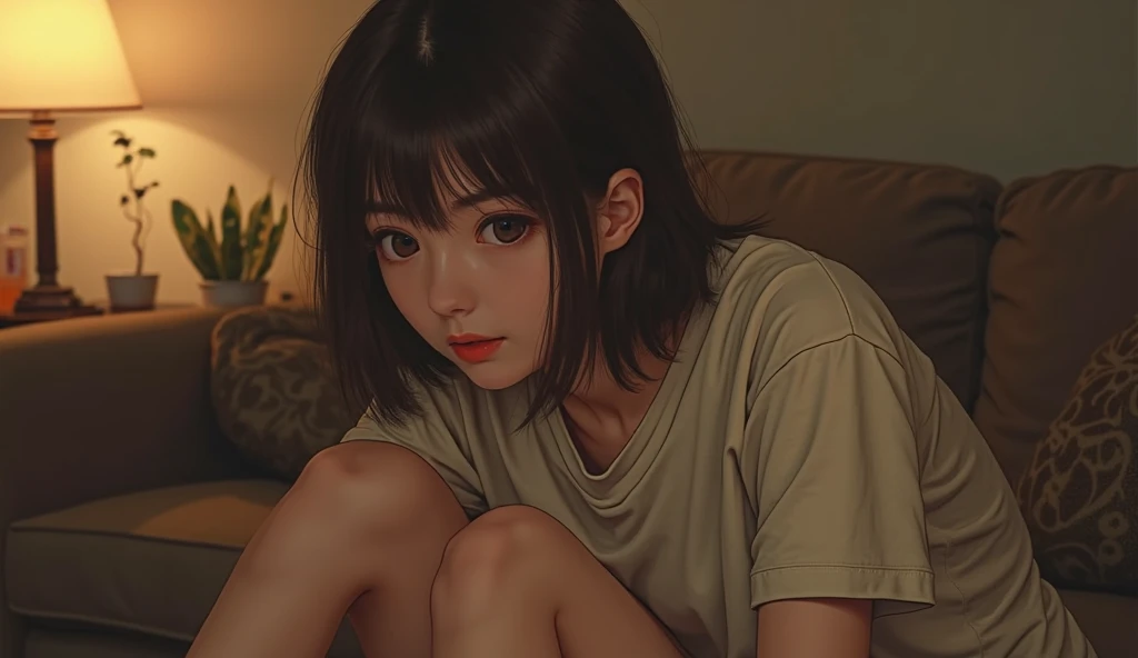 (higher resolution, distinct_image) La mejor calidad, una mujer, obra maestra, altamente detallada, semi realista, 15 years, linda, joven, hermosa, Oversized t-shirt, shirt pull, cuello en el cuello, interior, dormitorio moderno, ventana, despertarse, Morning, rubor.cuerpo completo .