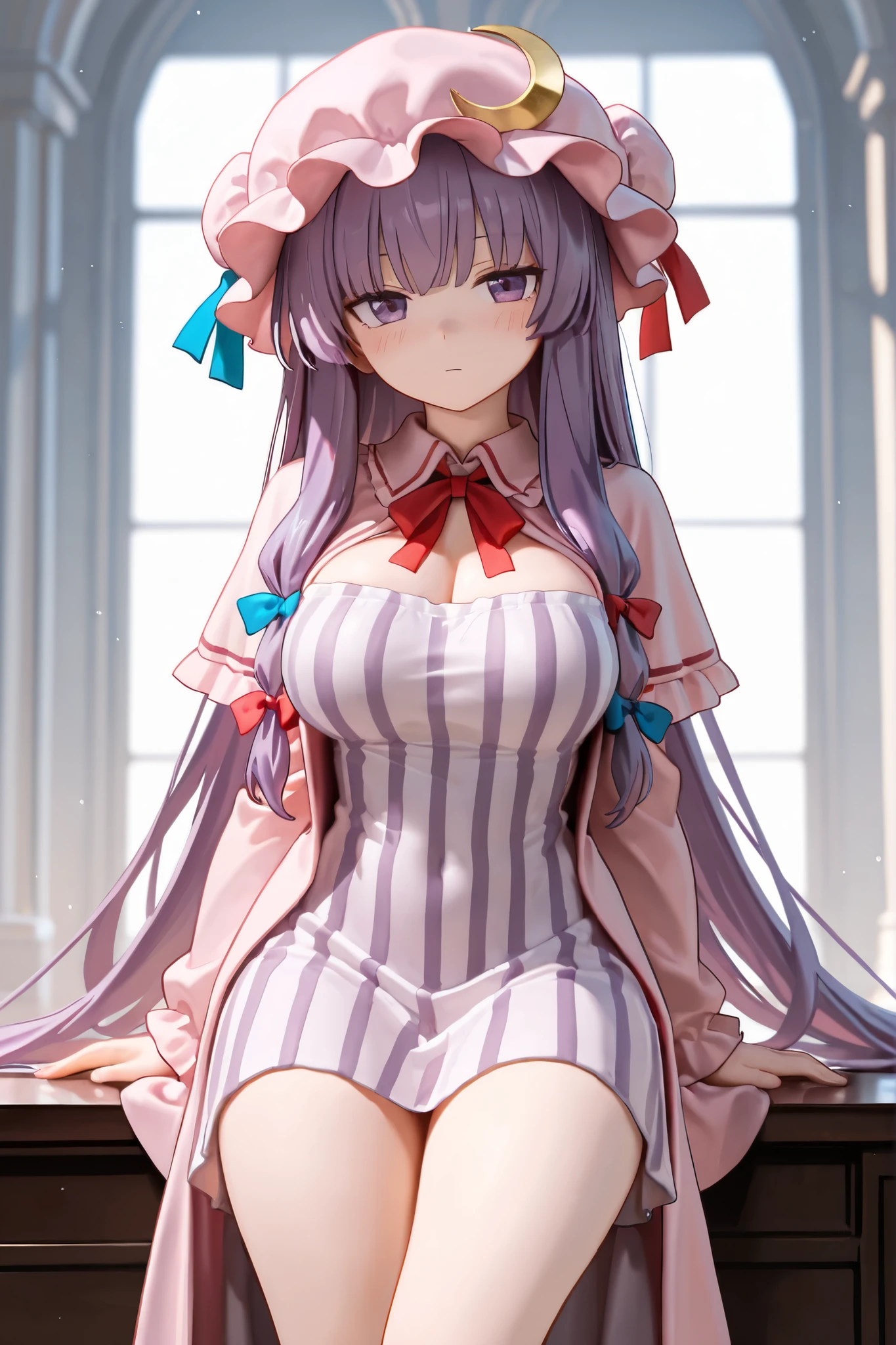 Patchouli toho character, (solo), (standing at lakeside forest), outside, open legs, arms behind back, bending back, tiptoe, pigeon toed, BREAK, (disproportionately gigantic huge breasts:1.2), inconceivably thin waist, very short torso, thin long legs apart, BREAK, very short miniskirt, (black thighhighs), highheels, BREAK, smile for viewer, open mouth, nose blush, full body