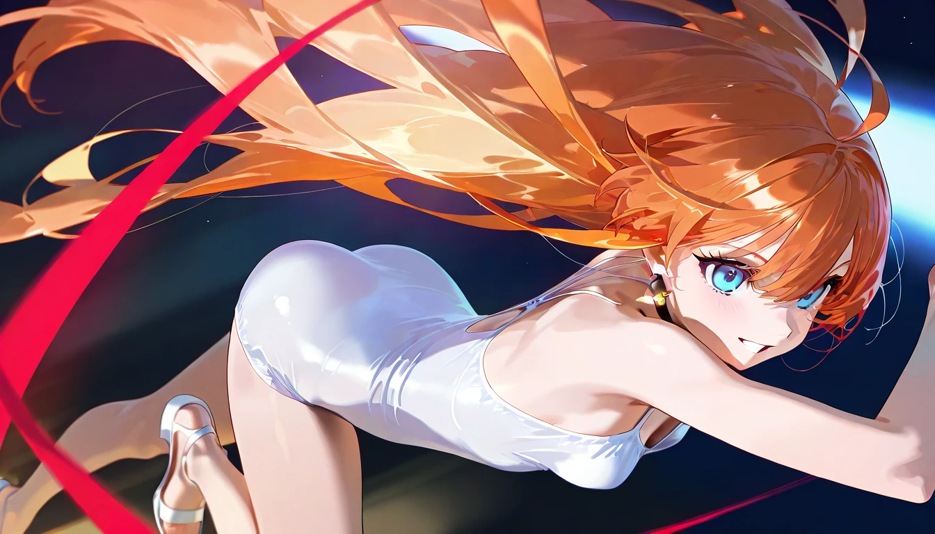 bunny girl, slender waist, long legs, sharp red eyes, long blonde hair, red and yellow clothes, simple background, attractive figure