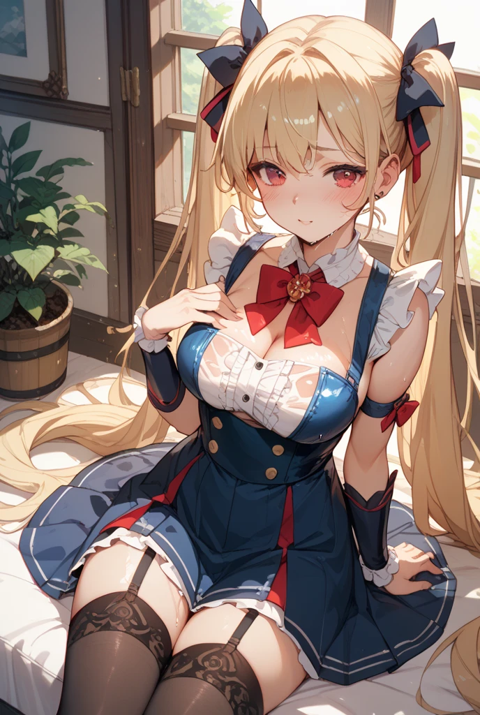 (Best quality, 8k, 32k, Masterpiece, UHD,:1.2),RAW, 1girl,ultra cute , natural lighting,transparent shining eyes, 20yo,medium  ,fair complexion ,flushed face, dynamic angle, princess style in fairy tale, Alice in wonderland, Alice, red and white and pink and yellow,(zettairyouiki:1.3), White stocking