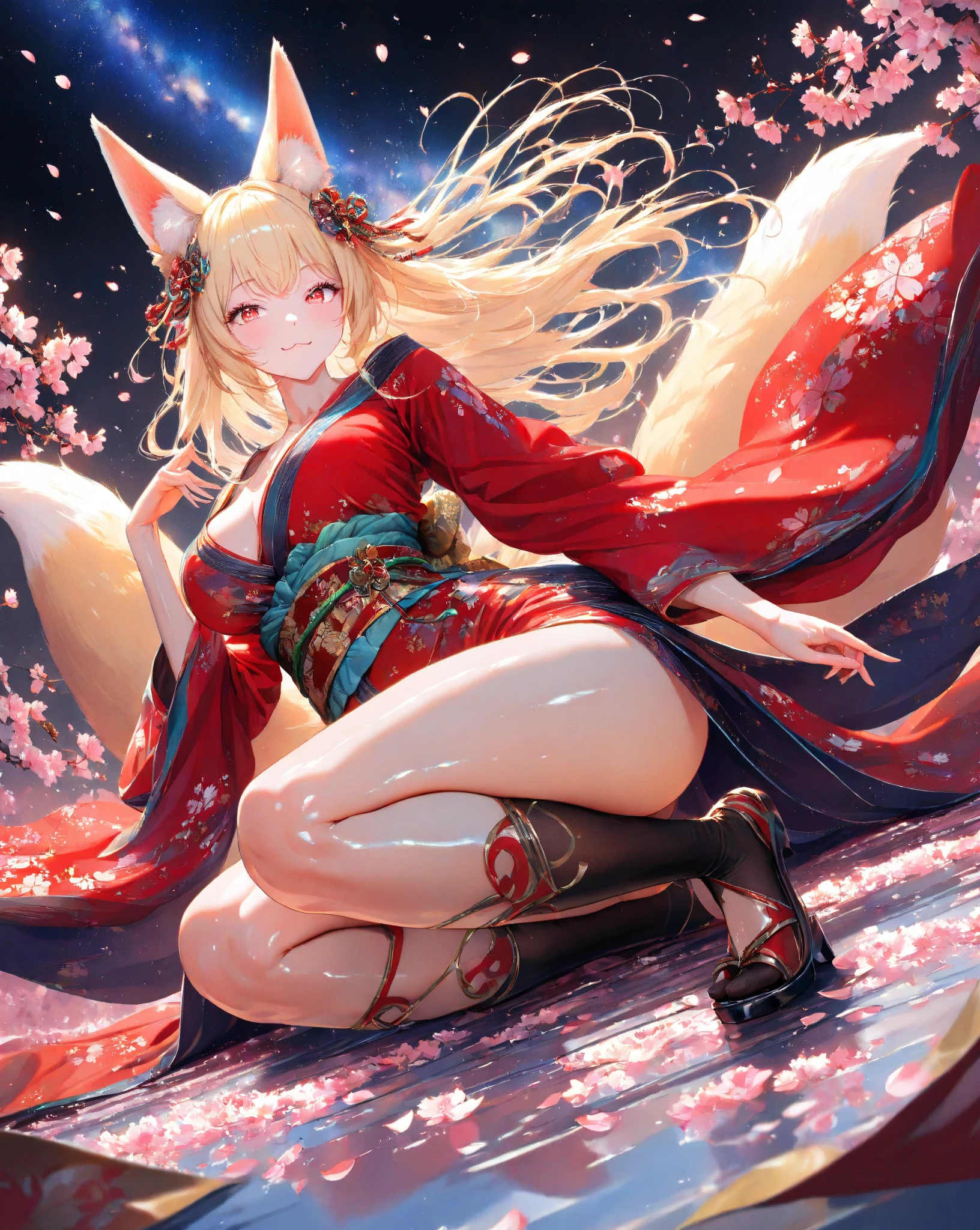(masterpiece, best quality:1.3), (ultra detailed, cinematic lighting:1.2), 1girl, solo, blonde hair, long hair, blue eyes, fox ears, fox tail, light smile, kimono, black thighhighs, (grass, cherry blossoms, flutter cherry blossoms leaves, clouds, blue sky), outdoors