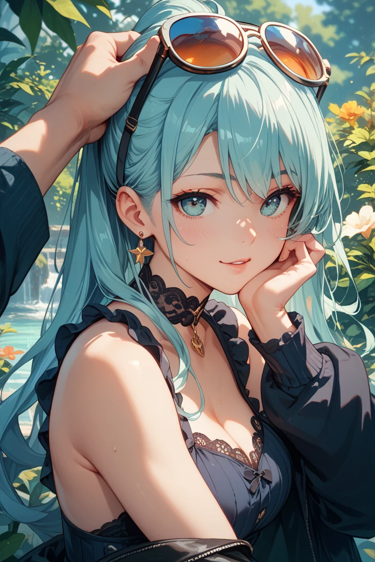 ((((High resolution, Intricate details, masterpiece, 8k)))), (((beautiful, Lots of races))), ((One Woman, face close up, Smiling)), (Aqua hair, Forehead, Long Hair, ponytail, hair ornaments, Slender), from front, looking at viewer, look at viewer, town, night, moon,chest, Slim