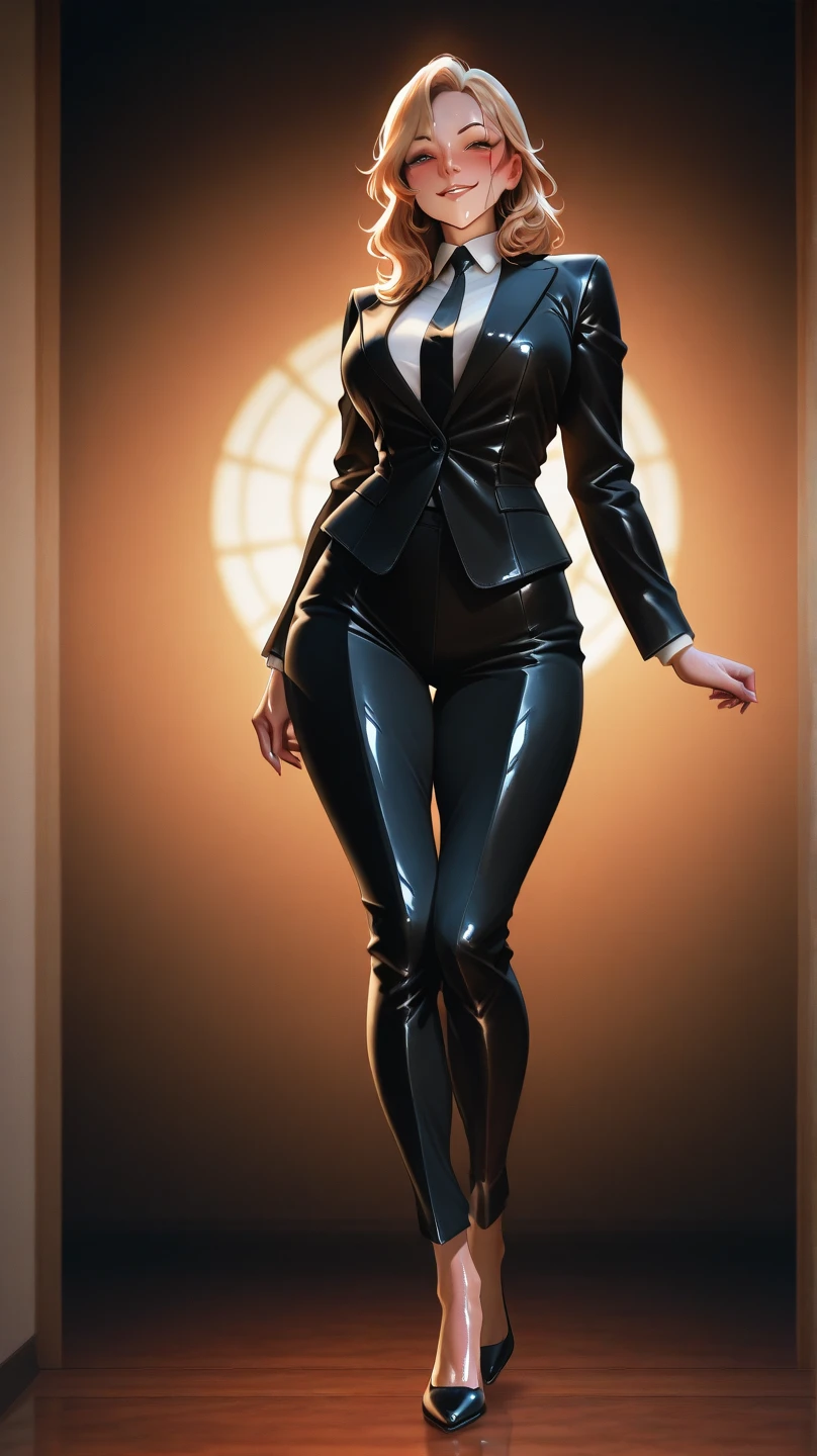 (Epic Showcase Designs in Detail)(Masterpiece, Best Quality, Ultra High Resolution , Digital Art,Beautiful and Aesthetic )Perfect proportions of the body , not an ordinary perspective . ( One Fashionable adult girl with a short oblique bob, slender figure, ) suit in professional performance , long tie , (silk thick threads of red color ) , . The character sits on a large massive leather sofa , an atmospheric pose ,( 2.5D style . realistic anatomy , beautiful perspective . Best image quality , pastel color , focus on the face , well detailed eyes , detailed background in boudoir style . )