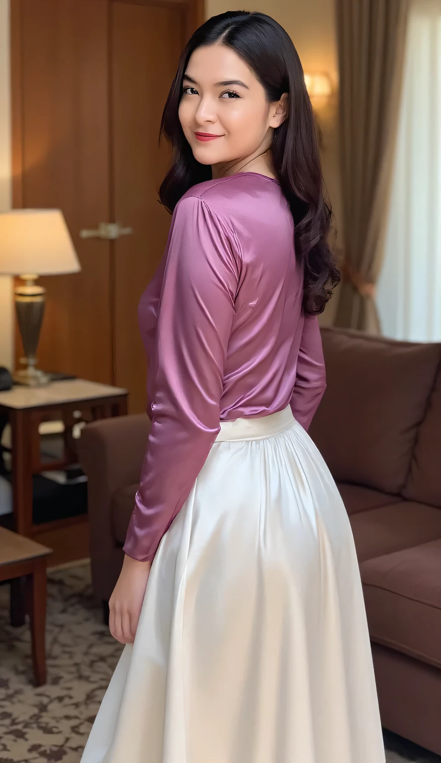 a woman, standing in the living room, using a tight shirt of satin material of purple color, long leggings skirt satin material white, Big , shirt looks full body, body facing the camera,