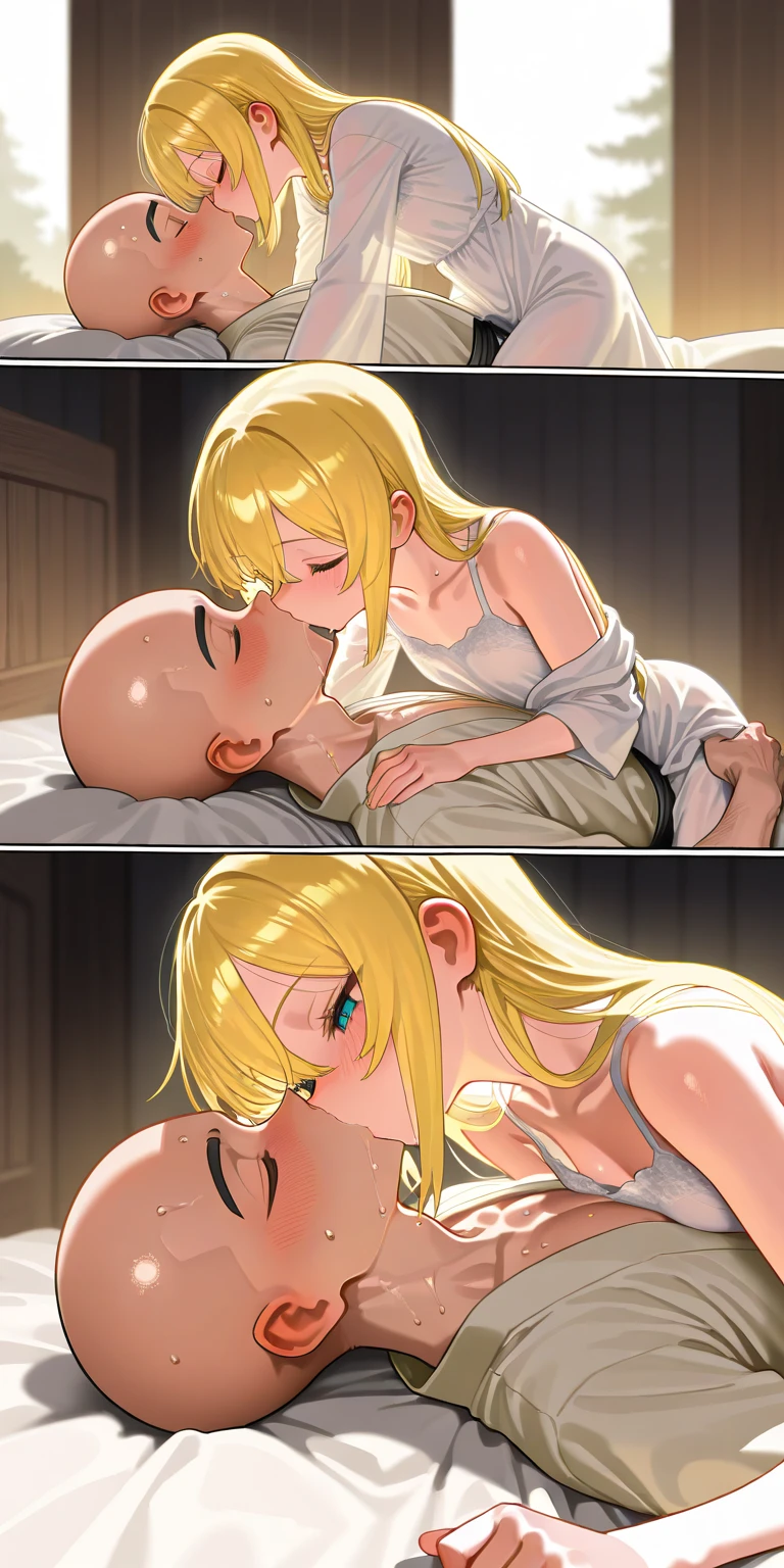 German ,upper class cute type beautiful woman who has lost him spouse by death and has not remarried. tinged with sadness,36 years old, Blonde,wolf cut,short hair,green eye,nsfw,completely nude,The background is a bedroom with a woman spread pussy on the bed,((orgasm)),cum in pussy,having sex