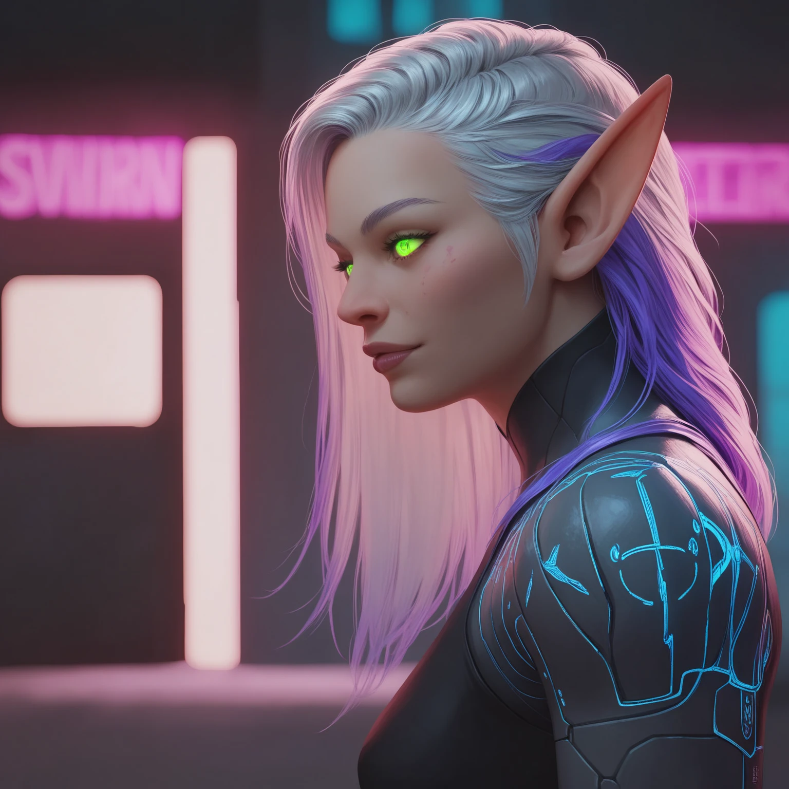 wild gremlin woman with green hair, hyper detailed, digital art, cyberpunk style, cinematic lighting, studio quality, smooth render, unreal engine 5 rendered, octane rendered, art style by klimt and nixeu and ian sprigger and wlop and krenz cushart
