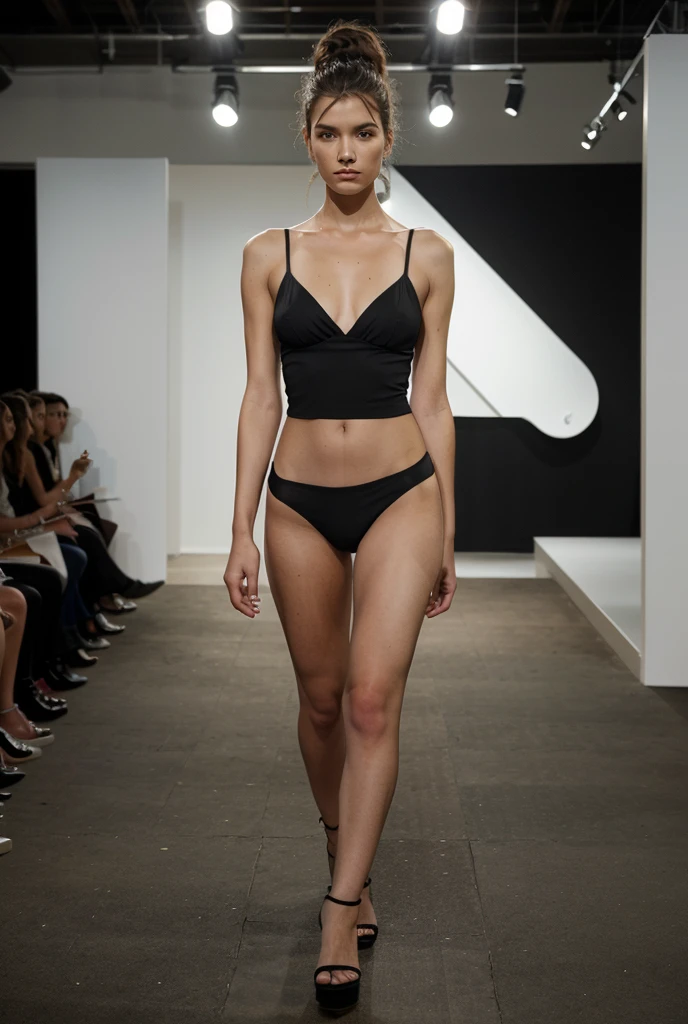 (best quality,4k,8k,highres,masterpiece:1.2),ultra-detailed,(realistic,photorealistic,photo-realistic:1.37),Young black American fitness model, long dark hair, fit body, full body image on runway in Dubai, fashion show wearing white bikini, beautiful detailed eyes, beautiful detailed lips, extremely detailed eyes and face, long eyelashes, energetic pose, confident expression, vibrant and dynamic atmosphere, stunning stage lighting, professional studio setup, glossy and shiny skin, flawless complexion, perfectly toned muscles, impressive physique, captivating presence, modern urban background, fashionable and trendy vibe, stylish accessories, high-fashion wardrobe, fierce catwalk, glamorous makeup, striking physique, strong and empowering posture, runway filled with cheers and applause, exquisite and luxurious setting, the model showcases poise and grace, the epitome of beauty and elegance, artistic visualization of the fashion industry.