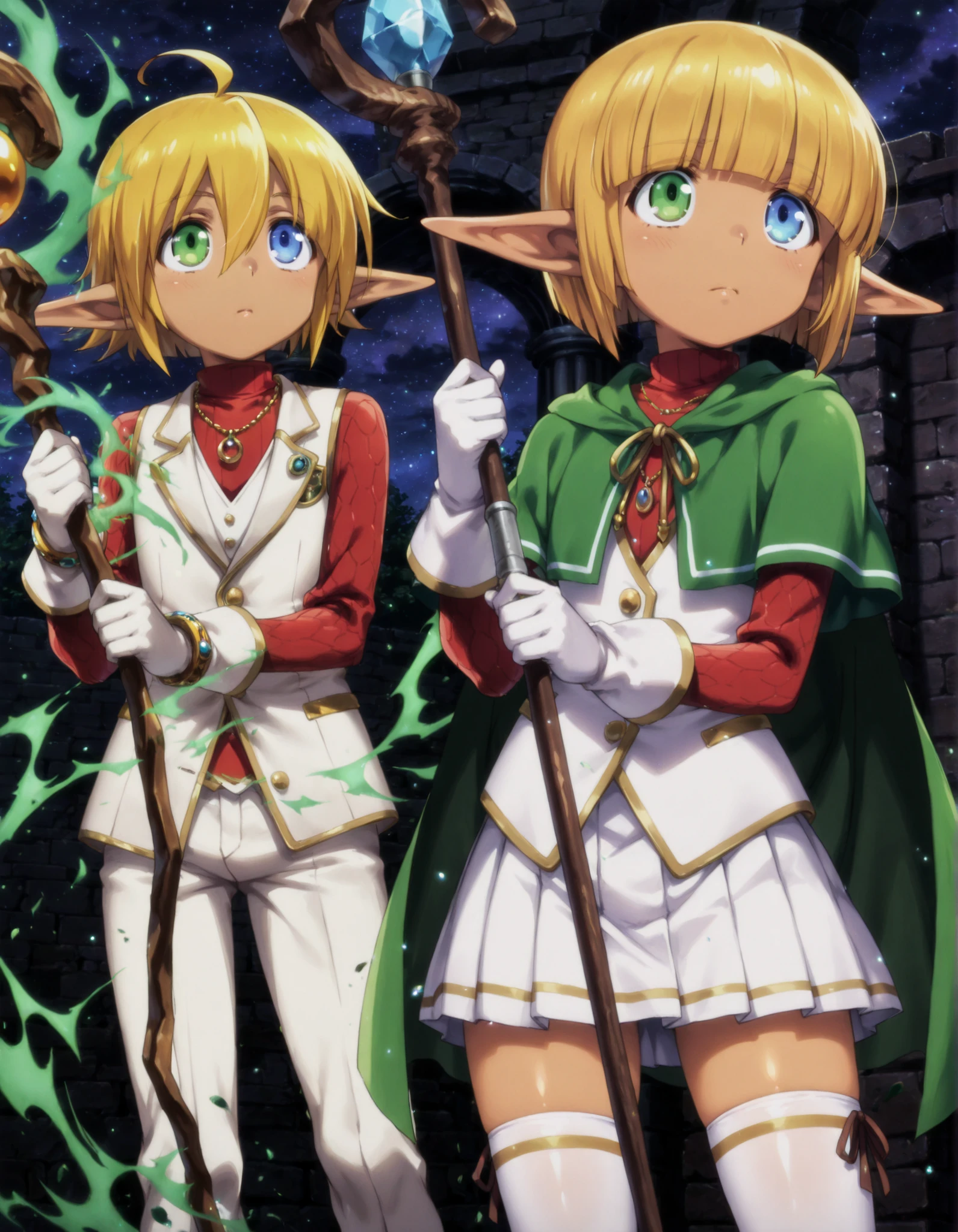 masterpiece, best quality, very aesthetic, 1girl,, 1boy, duo, BREAK, (short hair, blue eyes, blonde hair, green eyes, pointy ears, heterochromia, elf, dark elf, anime screencap), BREAK,
(mare bello fiore, bangs, blunt bangs, otoko no ko, skirt, thighhighs, pleated skirt, white gloves, cape, white thighhighs, zettai ryouiki, capelet, staff, crossdressing, holding staff), BREAK,
(aura bella fiora, hair between eyes, ahoge, dark skin, jewelry, necklace, vest, white vest, pants, white pants), BREAK,
hugging