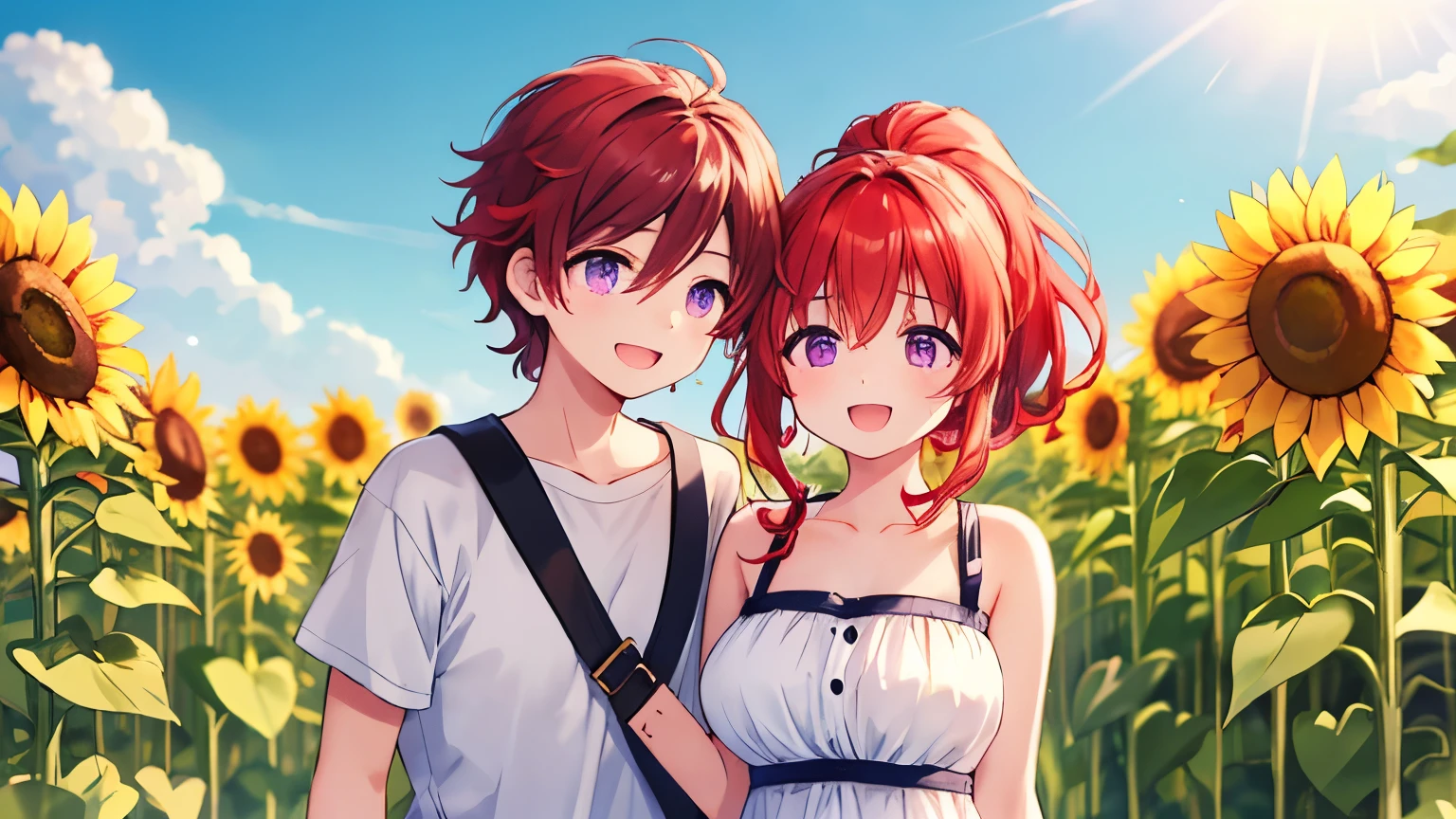 men and women laughing together in a sunflower field、Feels like friends、They're ding、Slightly distant feeling 、Boy with a cheerful expression,Short curly hair, Hair、rough summer clothes、The girl has red hair、ponytail、Purple eyes、big breasts、beautiful、 lori、White Dress、Natural pose with a gentle smile、Summer scene surrounded by soft sunlight and sunflowers