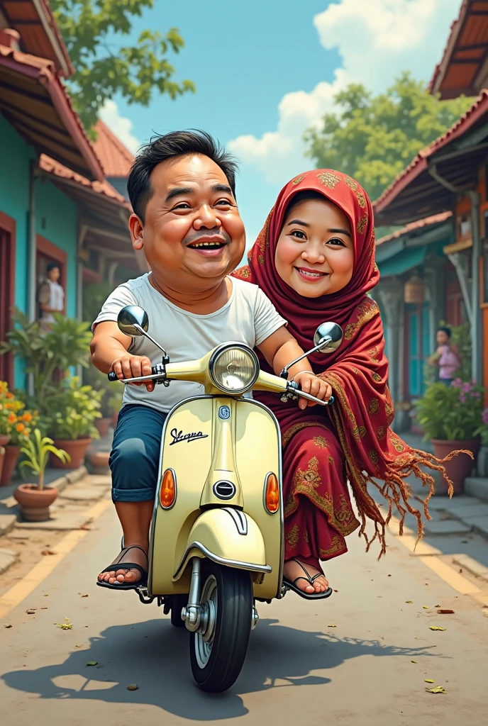 arafed image of a man and woman riding a scooter with a , inspired by Rudy Siswanto, an indonesian family portrait, by Rudy Siswanto, artwork in the style of guweiz, style of ade santora, by Abidin Dino, happy family, inspired by Erik Pevernagie, by Basuki Abdullah