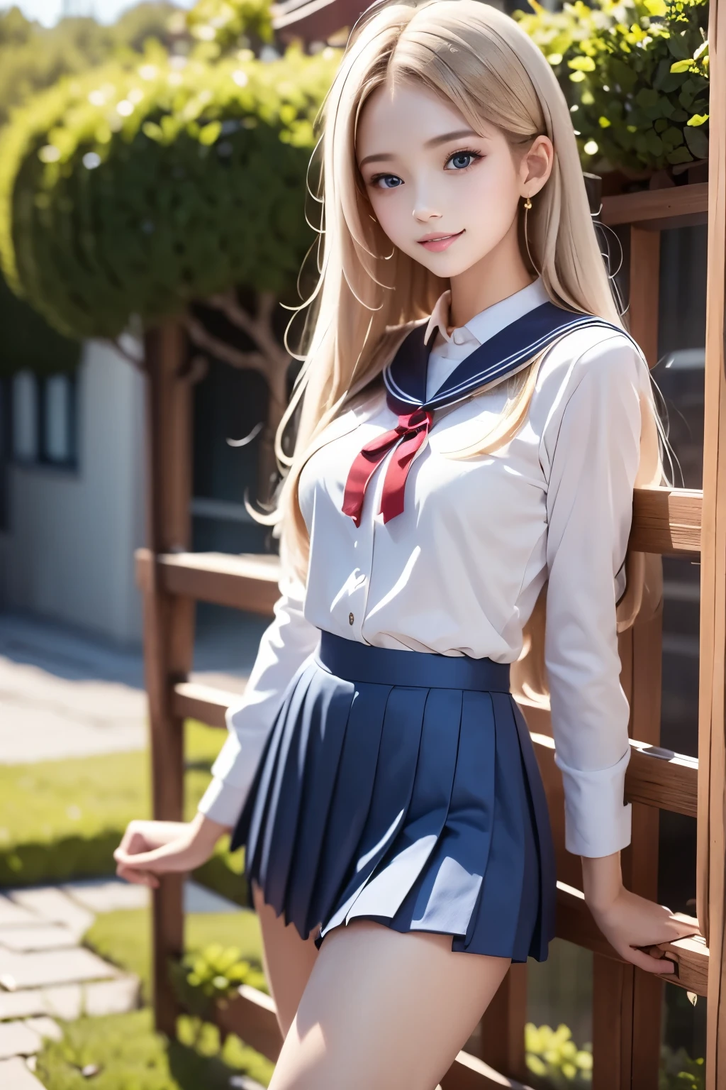 A beautiful girl with a German, innocent, sexy, lolita face, long wavy platinum blonde hair, a sailor uniform with a belly button showing, bloomers, 12 years old, big eyes