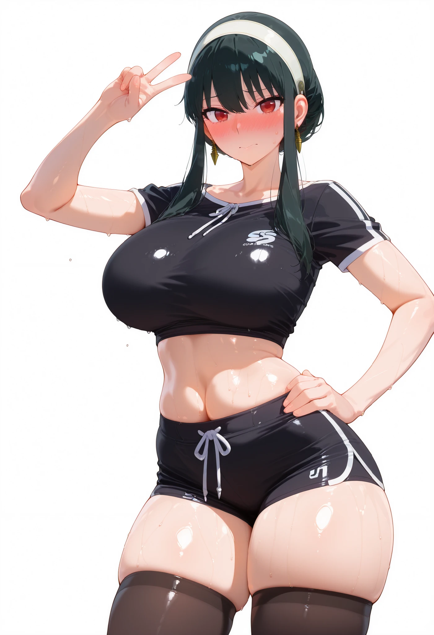a muscular woman looking at the camera black hair yellow eyes pale skin thick thick thick girl