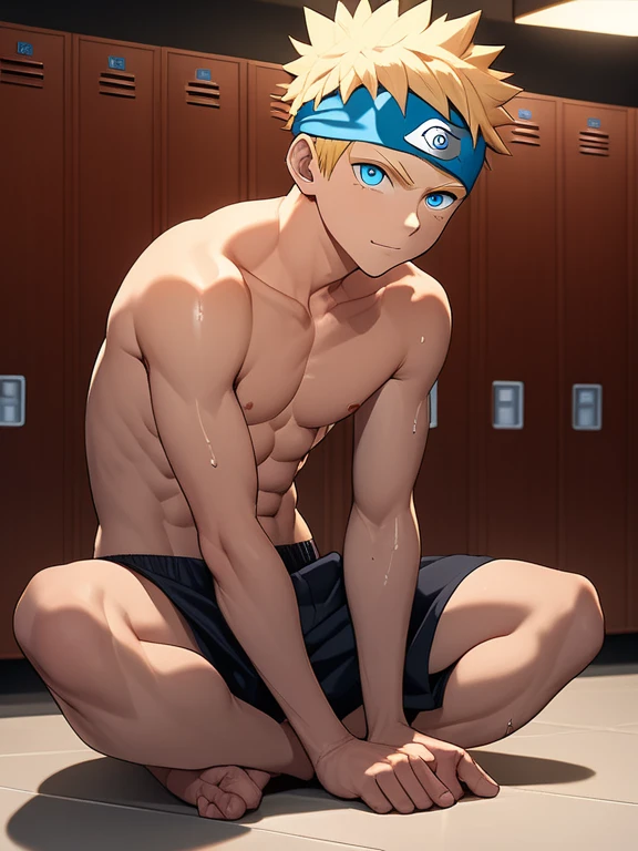 dimitrisummer, 1boy, solo, blonde hair, short hair, hair between eyes, black visor, blue sea cape, black pants, Sitting, On the floor, (Split Horizon), stretch, (horizontal splits), stretch regs, hands on floor