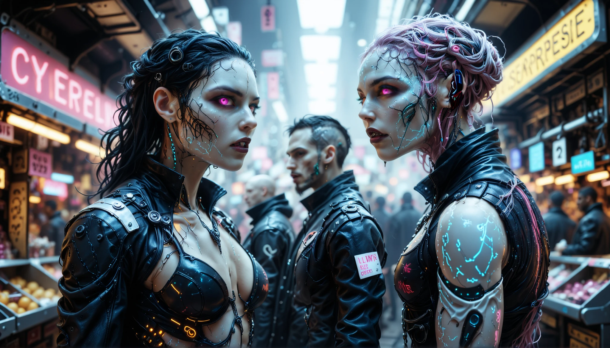 cybernetic corruption, seductive cybernatic vampire,Cyberpunk Marketplace: Multi‑character—vampires bargaining in a crowded market stall, holographic price tags floating. One has pink braided hair, another sports silver dreadlocks. All wear patched leather jackets with neon trim.