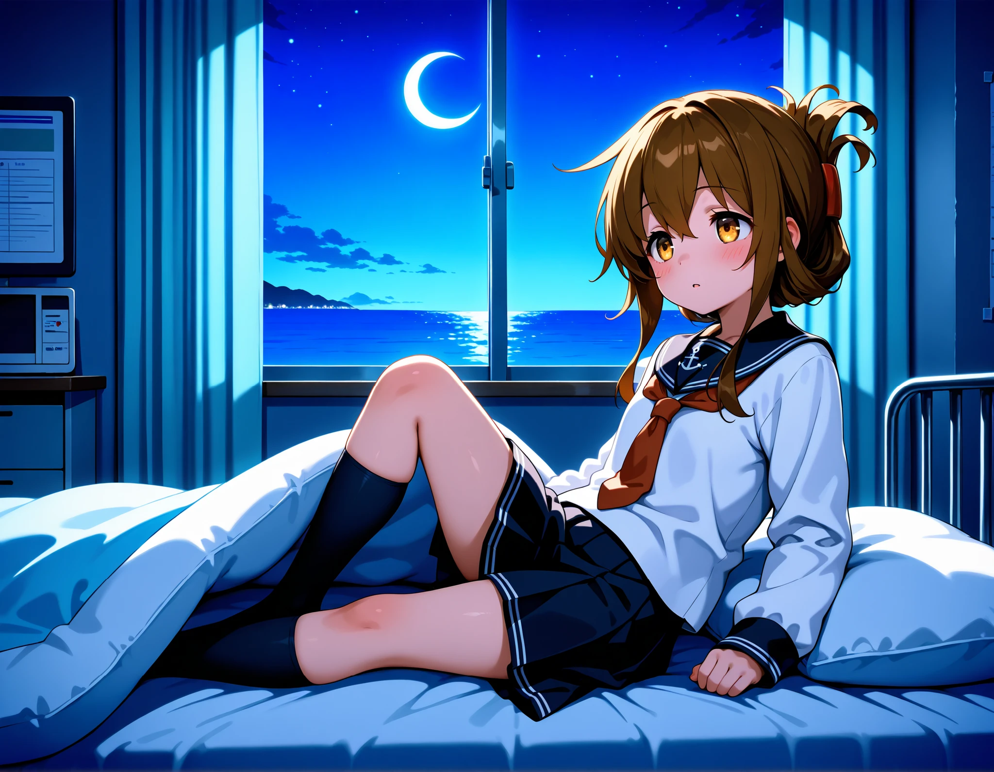 , inazuma \(kancolle\), brown hair, folded ponytail, long hair, brown eyes, anchor symbol, black sailor collar, long sleeves, neckerchief, school uniform, serafuku, pleated skirt, black skirt, black socks, Infirmary,bed,screen,lie down on a futon,knee up, crescent moon,star (sky), 