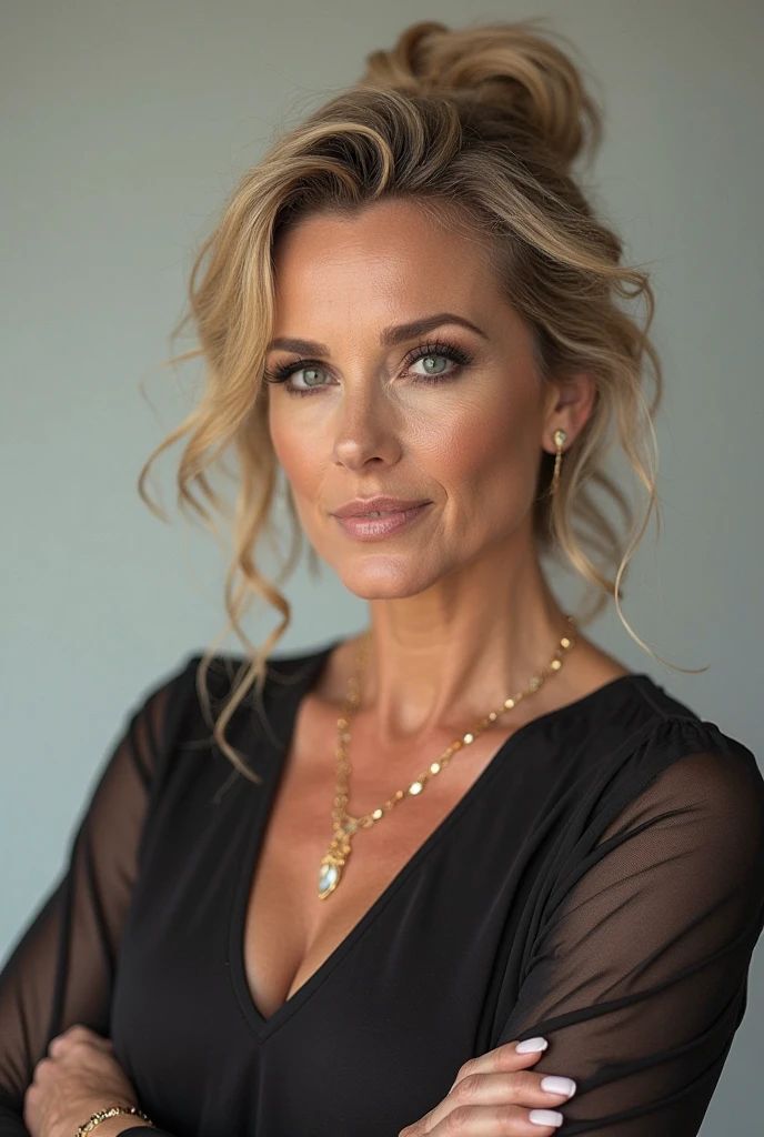 Photo of mature American woman,A MILF,Beautiful face,Curly blonde hair,No bra,visible nipple, wrinkles, oud, Necklace, Crowded paper room, gros-plan, Neutral colors, Barren land,huge-breasted,Round breasts,Big cleavage,See-through clothing,See-through Cardigan Sports Bra,toppless