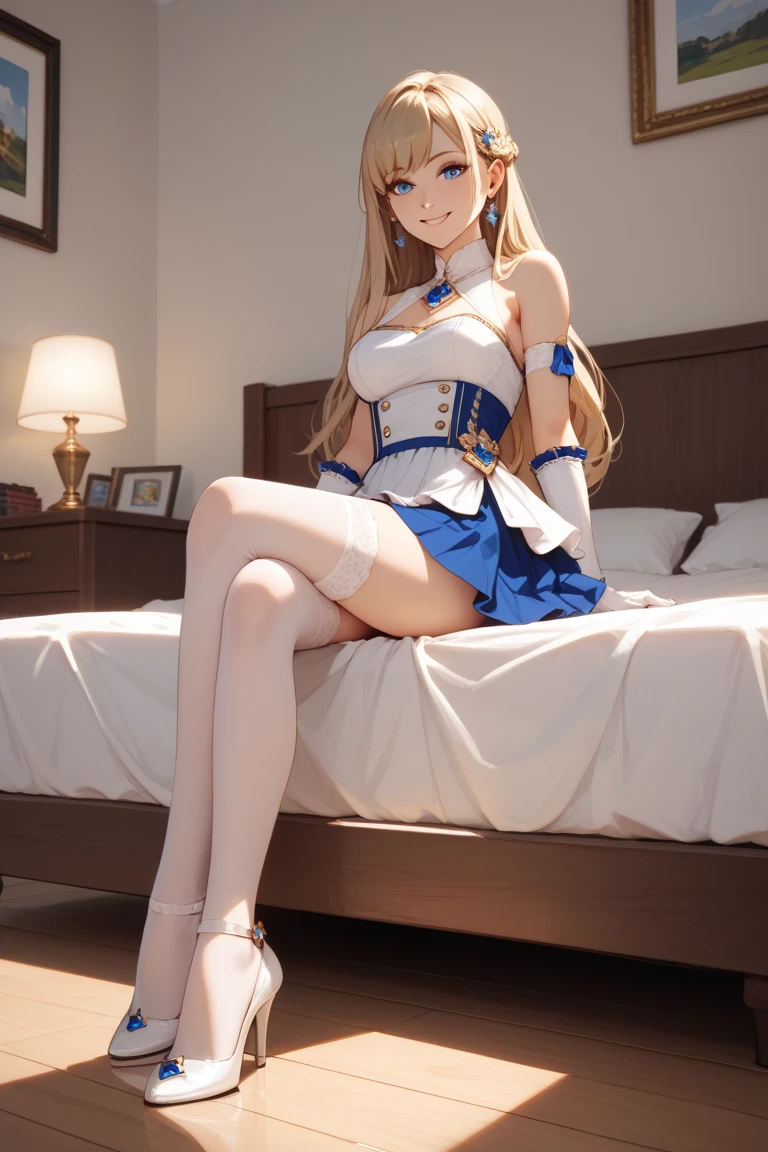 SamusS aran, blue eyes, stunning proportions, white background, long hair, ponytail, extremely detailed, full body shot, thighhighs, sweating, wet, blush, spread legs, laying down, in love with viewer, (blue dress, frills, gold accents, cum), panties