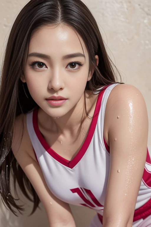 (8K、Highest quality、masterpiece:1.2)、White and pink clothes、Very detailed、Ultra-high resolution、Holding a racket、girl、Beautifully detailed face、(Slim waist) :1.3)、Beautiful and detailed skin、Skin Texture、Floating Hair、((Wet with sweat))、Human whole body、ponytail、Tennis club、((Hitting serve、Full Body Shot))、Serious expression、15 years old、Wear a hat