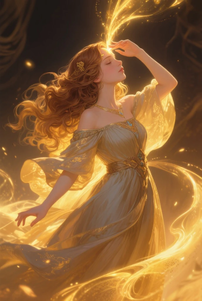 (((Aprimoramento de Qualidade Suprema))), (master part), (Enquadramento Superior), (:1.6) portrait of a hungarian woman, nua,(Sorriso:0.4), With your arms behind your head, Braided golden hair, olhos brilhantes,  with particles of light floating around, centrado.