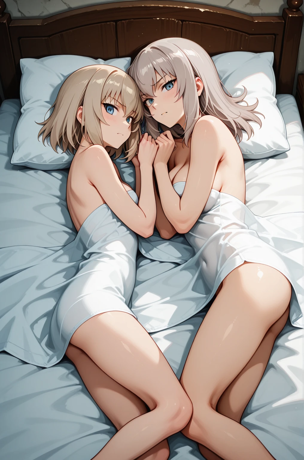 White hair, medium sized breast, 19 years old, white bikini, on bed, white bed, bedroom, sleeping, laying, 2 girls, white skin, white haired girl, closed eyes, 2 hands, 2 arms, hugging,