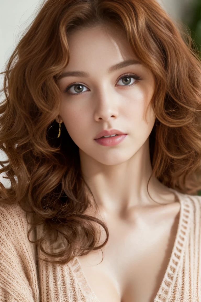 (Best quality, 8k, 32K, Masterpiece, UHD:1.2)Photo couverture playboy, Photo of a Pretty Curly Redhead Woman, corps entier, gros seins, cheveux longs,Haut du corps,mise au point sur le visage,oversized_chandail, downblouse, mineur, sinple background, Regarder lovely le spectateur, cheveux longs, backlight