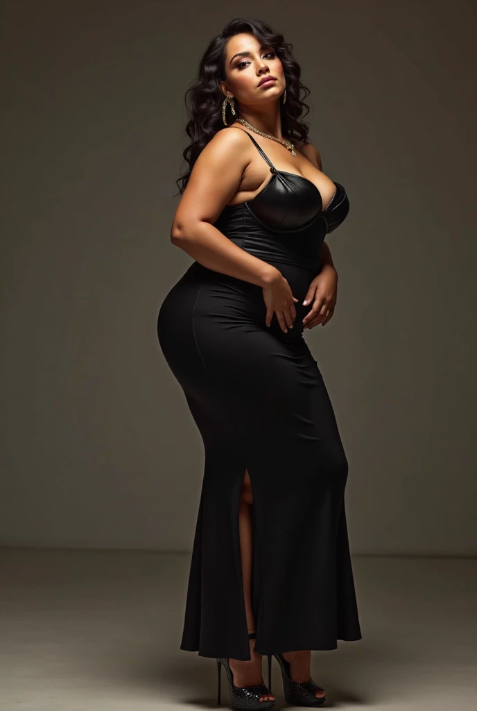 Create a high-resolution realist 3d image of a dark skin toned melanin elegant woman with a findom dominant and commanding persona and Prescence wearing luxurious attire, designer dress, lingerie and posed in a confident stance. full body tall and plus size curvey body 5'9 265 lbs This mage should exude power, control, and sophistication, with a hint of mystery. the back ground is lavish hight rise office or a luxurious richly decotated tool reflecting wealth and power sexy