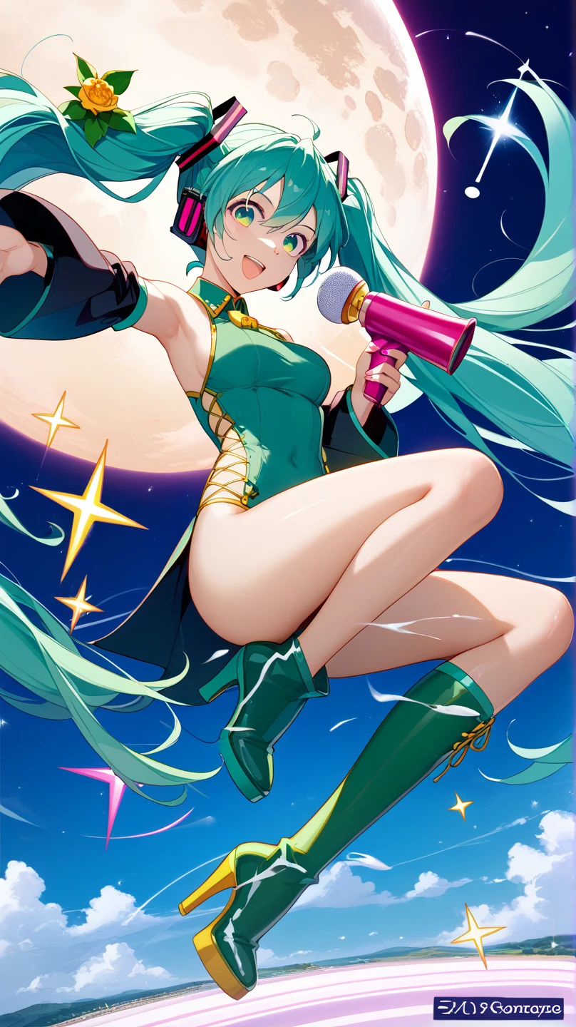 ((masterpiece)), ((best quality)), highres, 1girl, solo, green suit and tie, leotard, bare legs, matching shoes, looking at viewer, city backdrop, perfect hands, perfect eyes, perfect leotard, perfect legs, perfect arms, perfect fingers, medium breasts, standing, purple hair, short hair, bob hair, blue eyes, standing, (full body), super spin, twirl, magic, light particles, power, swirls, (heart particles:1.1),