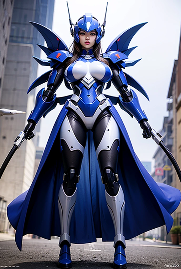 very beautiful asian woman, de cabelos curtos e pretos, she's wearing glass armor, estilo cyberpunk, the armor is blue and white , She wears blue and white glass boots that go down to the middle of her thighs, is shown from head to toe, She's standing