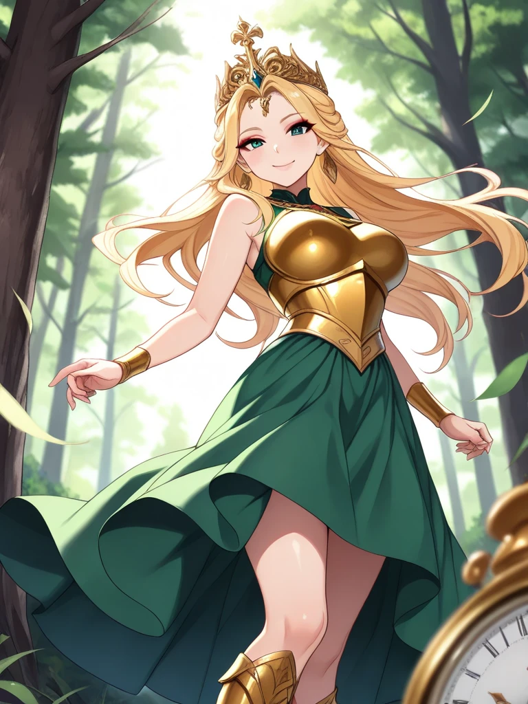 In an enchanting, anime-style realm, a distinctive woman, elegantly adorned with an armor meticulously sculpted from vibrant pineapples, captivates the eye. The tones and colors of this tropical fruit, harmoniously blended, paint a vivid and exotic backdrop - the magnificent castle that serves as her home. The pineapple woman, fully embodied in this captivating armor, stands tall with a physique that showcases perfect character design, each curve and line exuding grace and strength. The armor, intricately designed, accentuates her slender figure, the golden undertones of pineapple weaving through the armor's fibers and reflecting the warm,