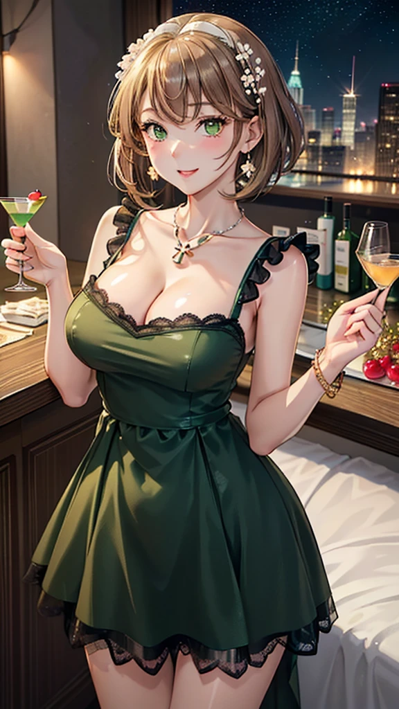 Delicate, Extremely detailed, Illustration , Studio Quality, fisheye lens, (Best Quality) ,Fubuki's photo, radiant light, blushed, glistening, glistening이는 피부, The ultra-detailliert, ((8K wallpaper)) ,black hair, green eyes, Short hair, Big breasts, big size ass ,(perfect faces), Masterpiece, blush, 1Girl, Solo, (Sexy Pose:1.2), smooth anime cg art, café ,ratex_one-piece,black_one-piece,green_one-piece,long_one-piece, cowboy_Shot,pearl necklace,café_Background with, bare hands,Standing