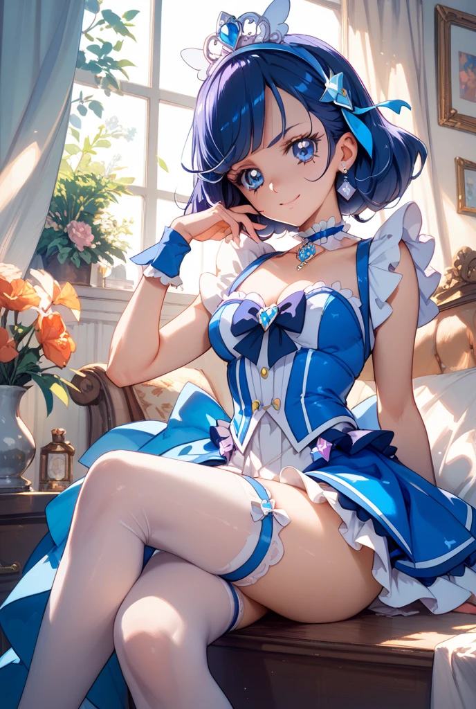 (Solo, 1girl in), (absurderes, hight resolution, official wallpaper, poster for), (masutepiece, Best Quality:1.2), (Illustration, Realistic), (perfect detail, highest details, ighly detailed), Dramatic light, Ami Mizuno, (Sailor Mercury, Neck ribbon, Blue hair, Short hair, circlet, Jewelry, Crescent Earrings), ((Print Lingerie), (print bra), (printed panties), white thighhig, Garter Belt), (Chess, Sitting, chess piece), (Sitting, Serious, )