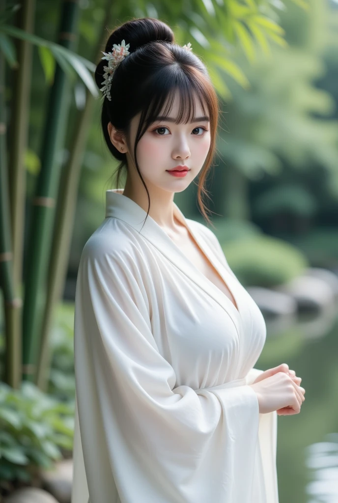 Beautiful Japanese woman in a white kimono,Off the shoulder, topless, Pale skin, Beautiful Face,Sexy Body, Curved waist, Big Breasts,Very large breasts, Big Hips, nightの青木ヶ原樹海を歩く, long, flowing black hair, Beautiful Eyes, Mysterious Forest, Horror photorealism style, night, There is no way, There&#39;The earth beneath my feet, Horror movie atmosphere, Dark atmosphere, A fragile ghostly woman, A resentful look