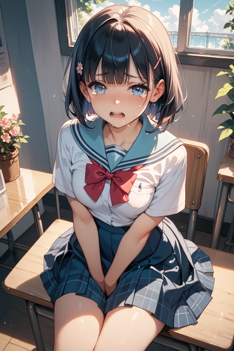 Highest quality,Ultra-wide angle composition、Elementary school girl Sweaty face cute short hair boyish My hair is wet with sweat I like face sitting、Naughty、Between the legs