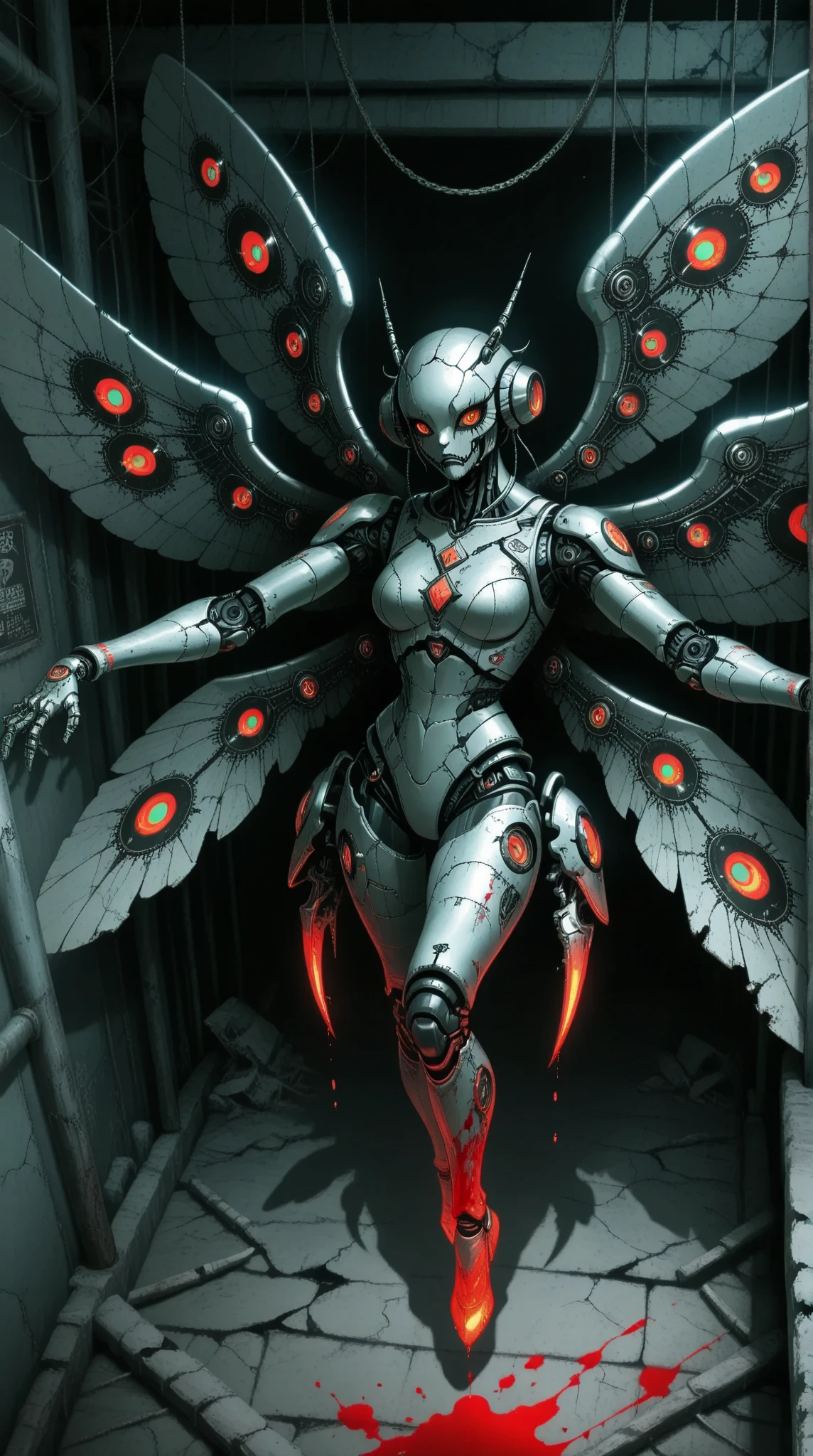 score_9, score_8_up, score_7_up, evil ((female robot)), large stained glass wings, metal skin, shiny, (bioluminescent), tubes, wires, (immaculate), masterpiece, highly detailed, intricate design, (sci-fi), dark lighting, rim light, baroque style, sitting in a throne, crossed legs