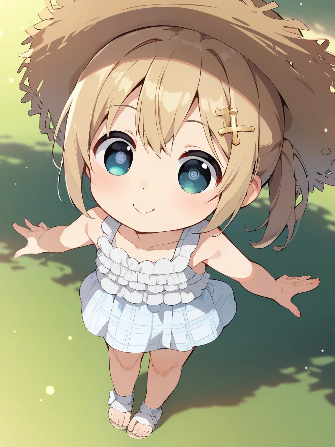 score_9, score_8_up, score_7_up, score_6_up, score_5_up, score_4_up, anime,nsfw, uncensored,fisheye lens,anime girl,correct anatomy,young ,Petite,Baby Face, shape,skinny,( thin hands and feet:1.2),from above, Very wide shot, A beautiful 20-year-old woman is dancing happily in the middle of a fantastic sunflower field, ( landscape photography:3.0), light particles, Streaks of light, Body style like a female model, crosses her arms on her back, smile, ( cute round face:2.0), Clear, glowing eyes, Looking Back, Beautiful hair pulled up into a single ponytail、accented with a simple yet elegant hair clip, her hair is fluttering in the wind, A straw hat with a rounded top and very wide brim, Simple accessories , elegant leather heeled sandals, オフショルダーの半袖ロングスカートの白いワンピースドレスにteethフリルトリムが施されています美しい刺繍, teeth、has a casual yet elegant and luxurious look,