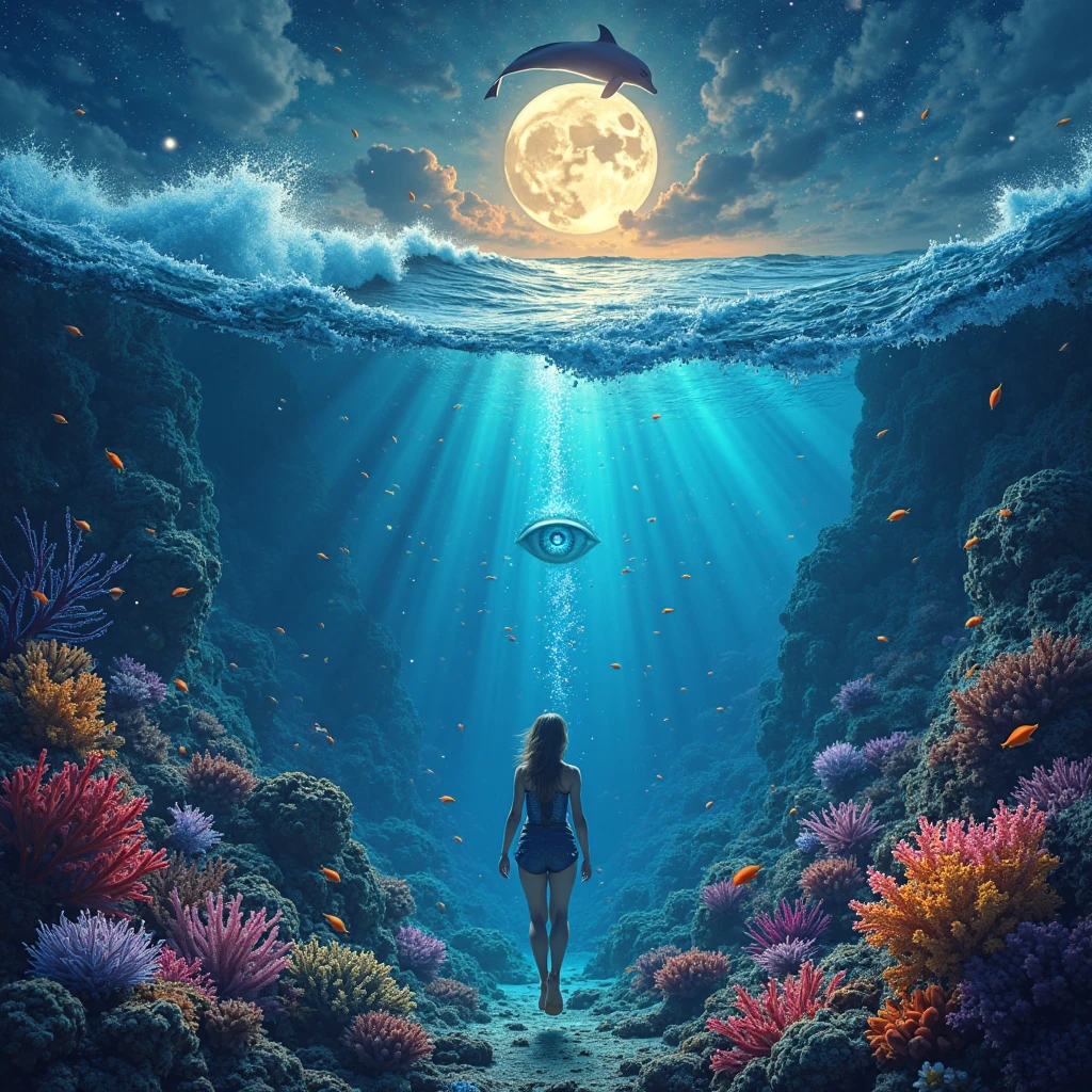A surreal and fantastic digital artwork of a vibrant underwater realm and a resplendent sky. Underwater, a complex scene of human faces, intricately shaped from marine life and colorful corals, occupies the space. An 18-year-old girl with a slight smile, dressed in a multicolored bikini and wearing diving fins, delves into the exploration of this lively coral reef. She is surrounded by small bioluminescent creatures, their movements creating luminescent trails. Above the water's surface, the sky is a spectacle, with a rotating galaxy transforming into a giant blue eye amidst a backdrop studded with stars, nebulas, and cosmic dust. Adding to this dreamy panorama, a dolphin leaps towards a bright moon. The artwork is further enriched by a shimmering mist that adds an ethereal quality. This piece embodies ultra-realistic high-definition images with meticulous details, akin to an award-winning ultra-realistic 3D render in 8k resolution, using cinematic lighting techniques and hard edge for a strange hyper-realistic visual experience.