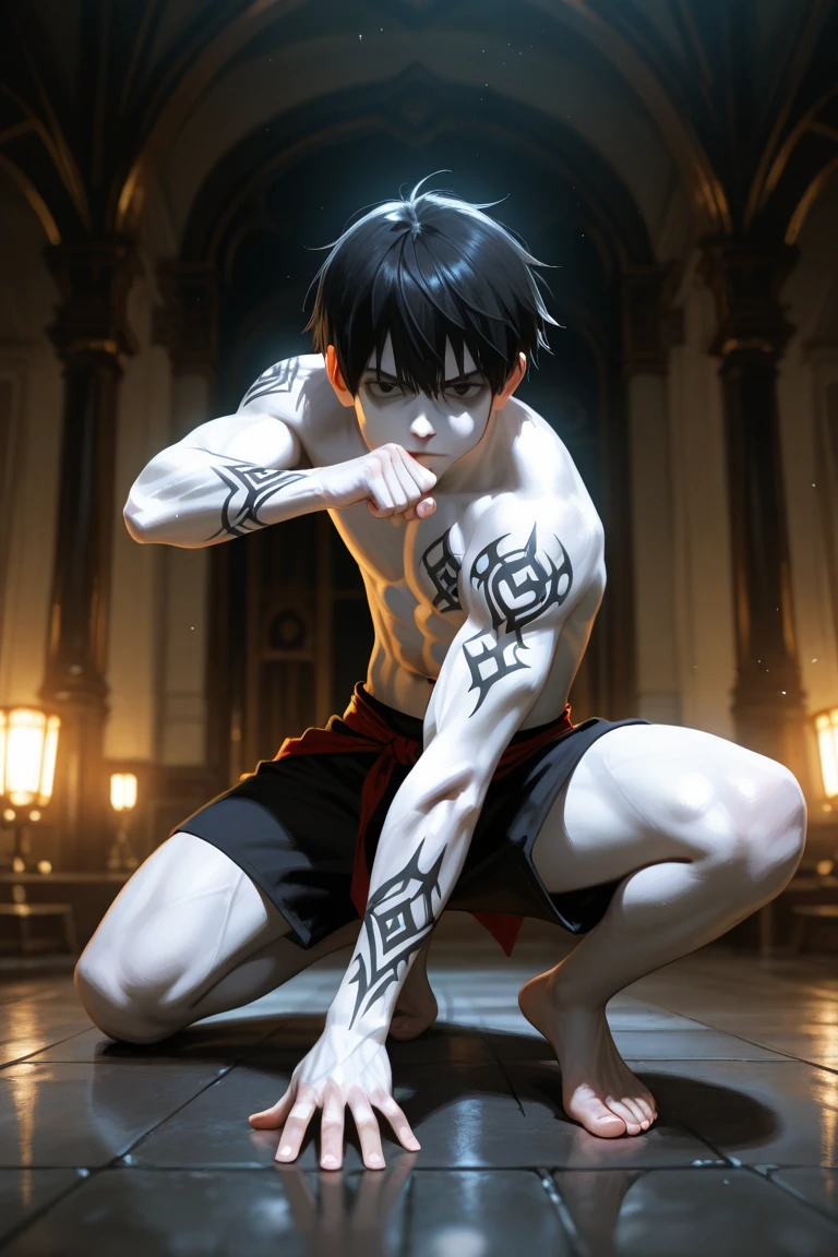 1 hombre, inosuke hashibara en anime demon slayer, cabello corto , pelo azul, ojos verdes, cuerpo fuerte a detalle, anime clothes, realista, in fighting position, luces azules con fuego de fondo