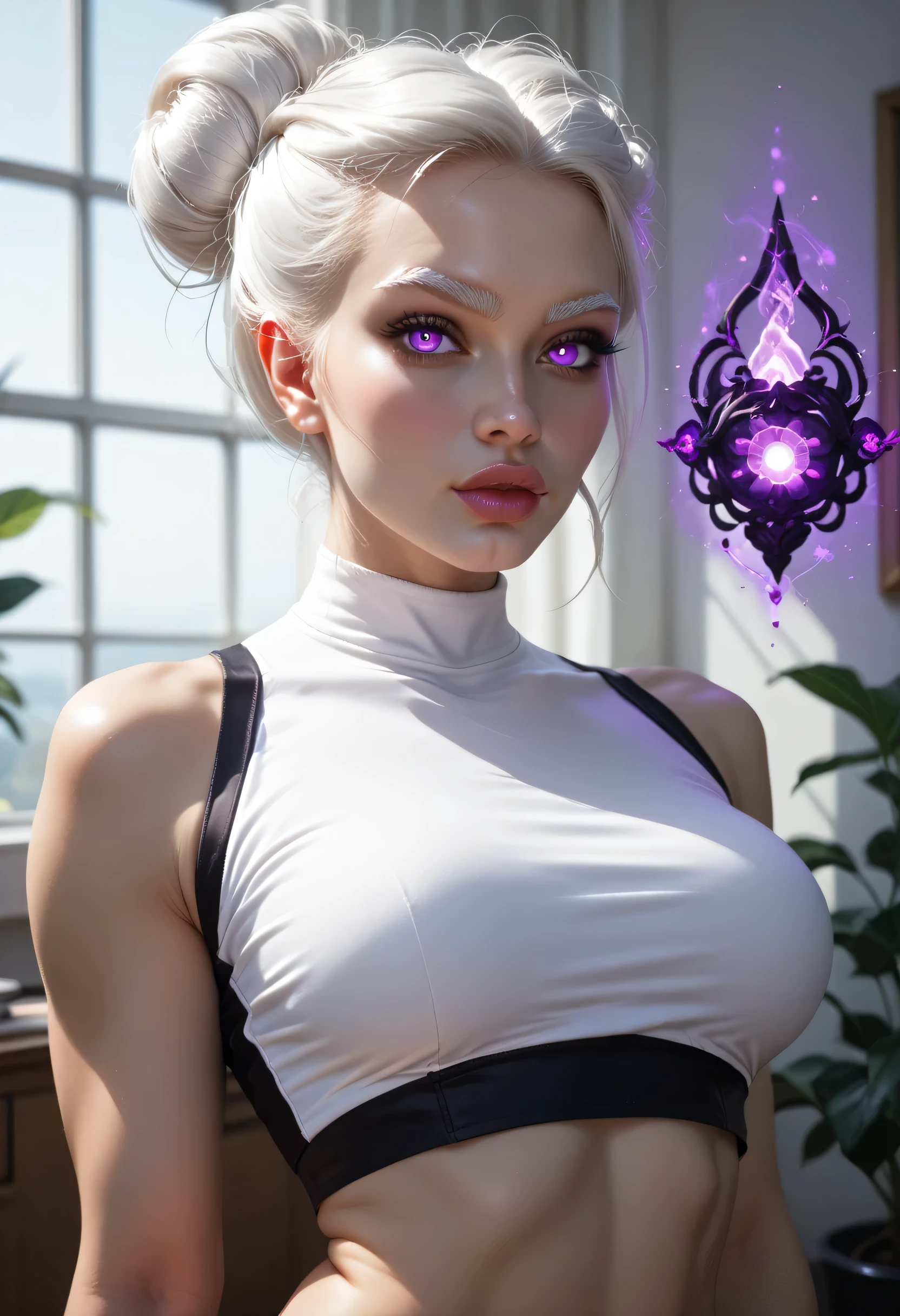 (1girl), (perfect face), ((white hair bun knot top)), (forehead), ((white natural eyebrows)), (((big glowing purple eyes))), (((black eyeliners))), (blush), ((nose, bright black thick lips)), (beautiful girl), (((looking at viewer))), (crop top), (room living)