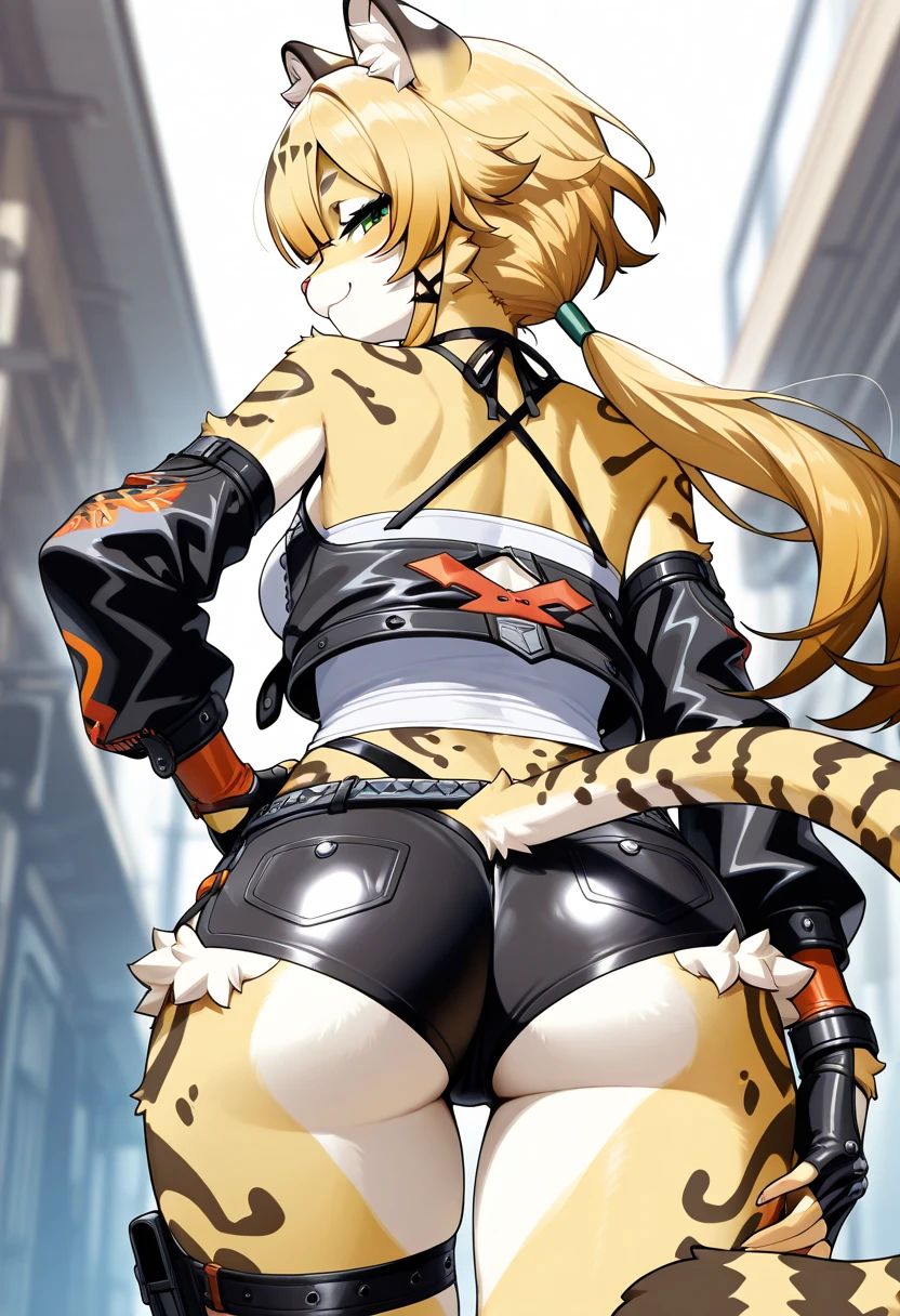 1sologirl Slace handcuffs wristbands hands behind her back Cammy White Street Fighter showing her back to me, buttocks, squatting, gazed (blindfolded) tiger ears, animal tiger print bikini stockings sleeves, golden bell, breasts, leather collar choker neck, red gloves gauntlets, red boots