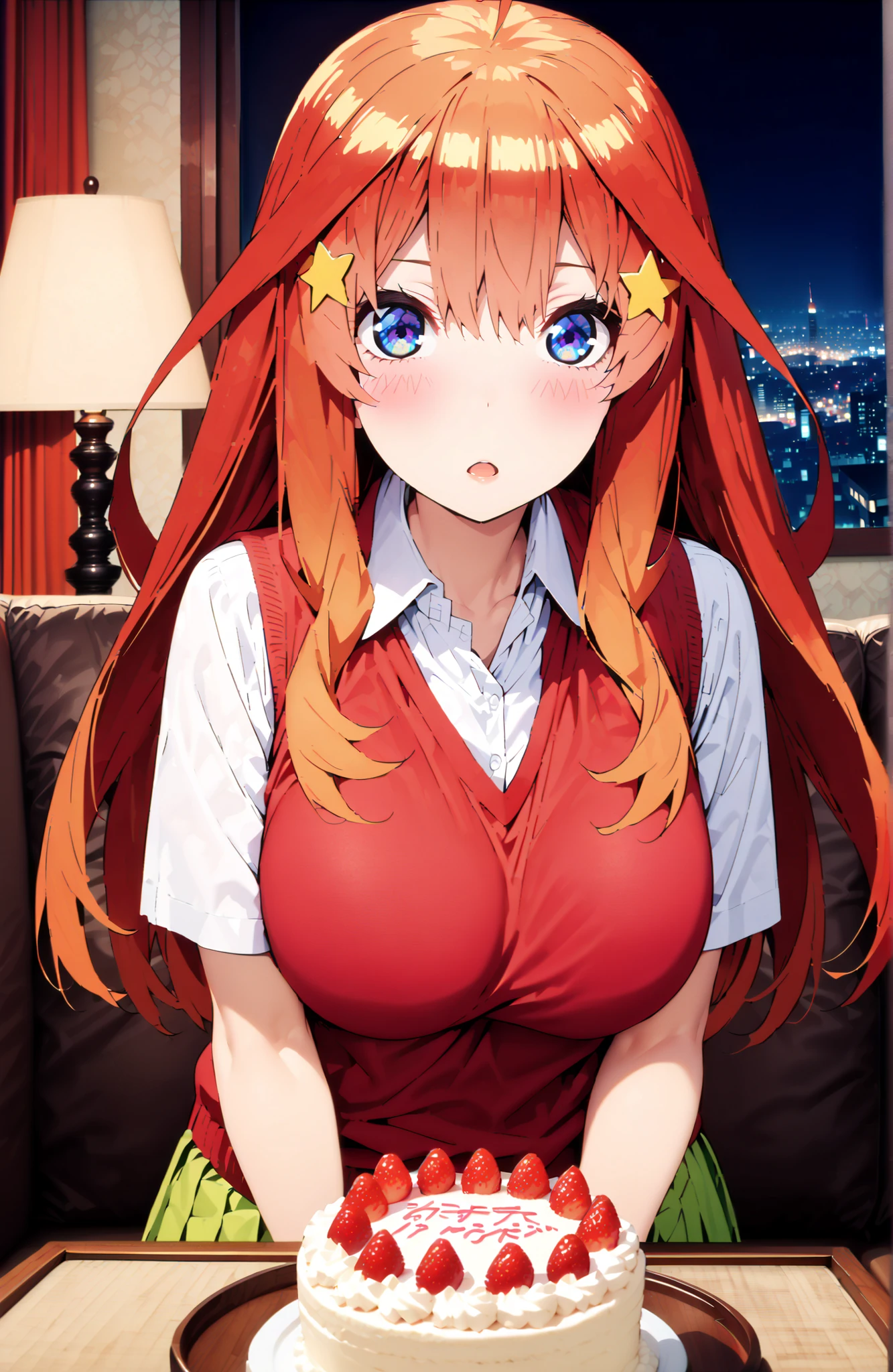 pieces fly、masterpiece、highest quality、Super detailed、High resolution、High resolution、8K portrait、High resolution CG of Unity 8k wallpaper、unity 8k wallpaper、cute:1.5、:1.5、Highly detailed CG unity 8k wallpaper、realistic、real person、cute、 portrait photography、shiny skin、High resolution、(Vermillion semi-long hair:1.2)、(:1.2)、(1 girl)、(city road:1.6)、(school uniform),perfect face, seriously, (blush:1.5),(((clothing lift:1.5))), (midium breasts:0.8),((I have nipples:1.2)),((Orgasm in the vagina:1.5))、(star hair ornament:1.2),looking at view from front,(leaning forward:1.2 )
