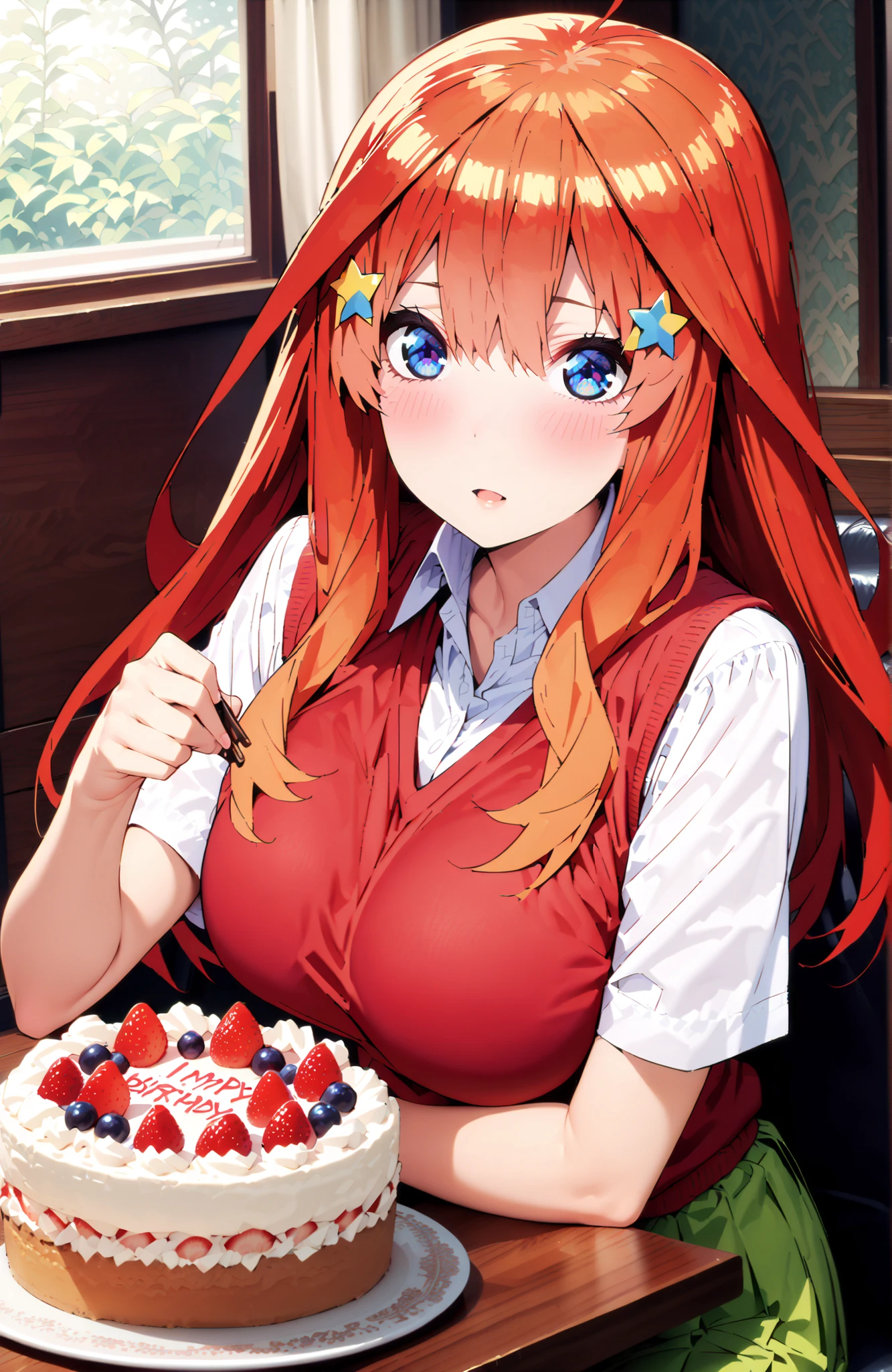score_9, score_8_up, score_7_up, Nakano Mizuki , solo,bungs, blue eyes, hair between eyes, stupid hair, red hair,long hair, star \(symbol\), Hair Accessory, star Hair Accessory,Big Breasts,big smiles,blush,mouth,
in their 40s skirt, shirt, uniform, clavicle, white shirt, short sleeve, green mini pleated skirt, socks, collared shirt, sweater vest, (red sweater vest:1.5),白色ハイsocks,curtains,window, Beautiful Streetscapes, beautiful night view with depth,sitting on the couch,birthday cake on table 1:1 is placed,I'm watching a cake,全身がIllustrationsに入るように,
in their 40s indoors,living room,
in their 40s (masterpiece:1.2), Highest Quality, high resolution, Unity 8k Wallpaper, (Illustrations:0.8), (beautifully detailed eyes:1.6), very detailed face, perfect lighting, Highly Detailed CG, (perfect hand in h, perfect anatomy),